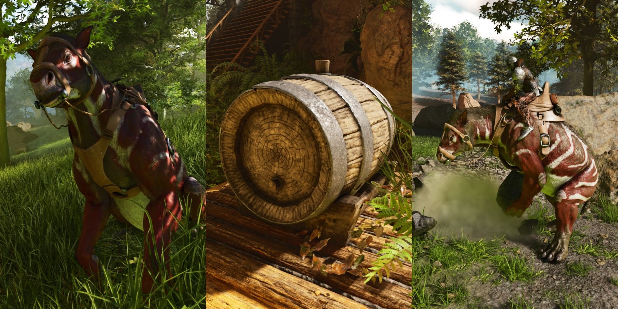 Split image featuring a tamed Chalicotherium sitting down in the grass, a Beer Barrel on a wooden foundation, and a player character riding a tamed Chalicotherium grabbing a rock in Ark: Survival Ascended.