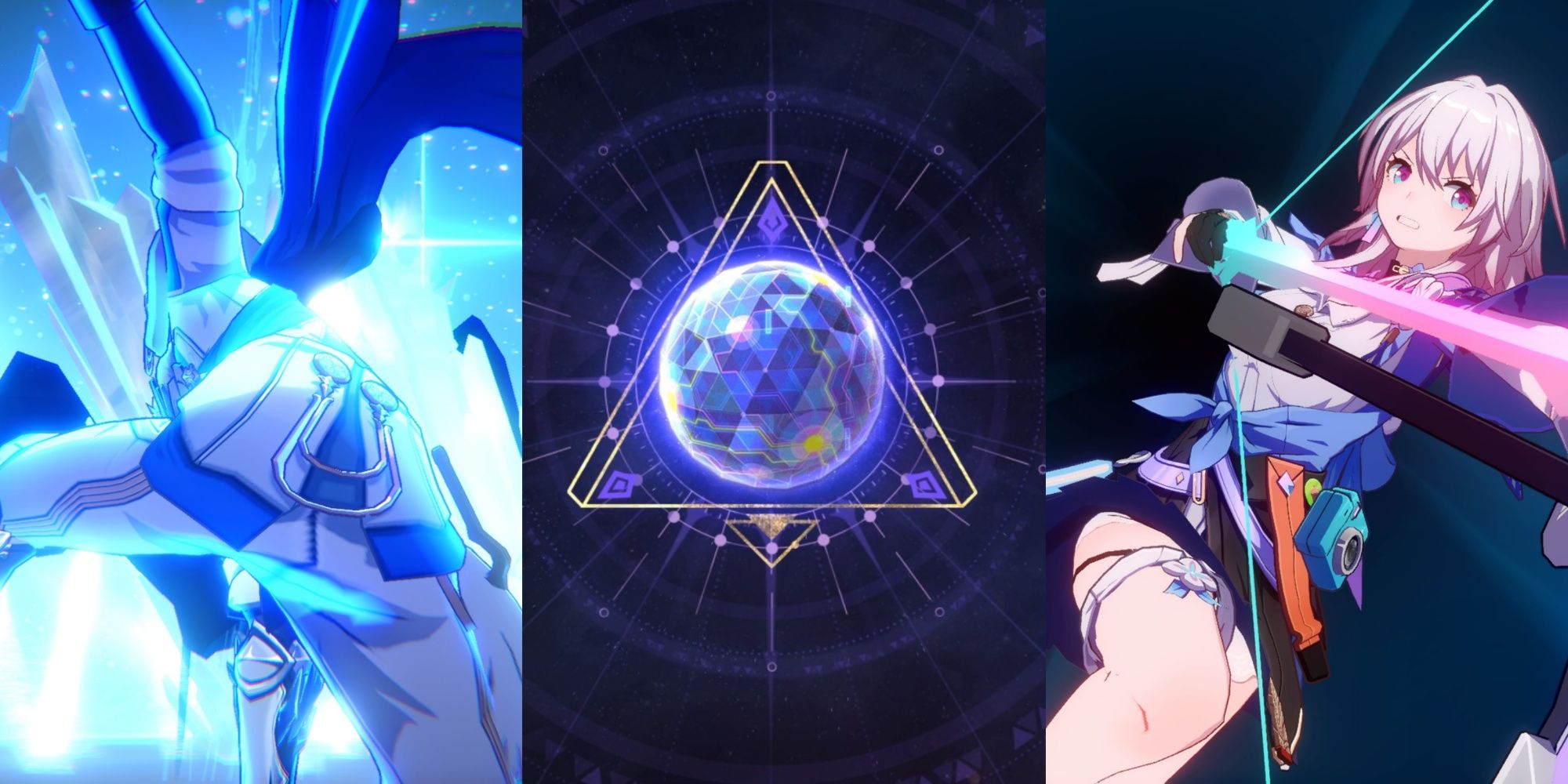 Split image featuring Gepard posing during his Ultimate, the planet design for World 6 in Simulated Universe, and March 7th firing an ice arrow during her Ultimate in Honkai: Star Rail,
