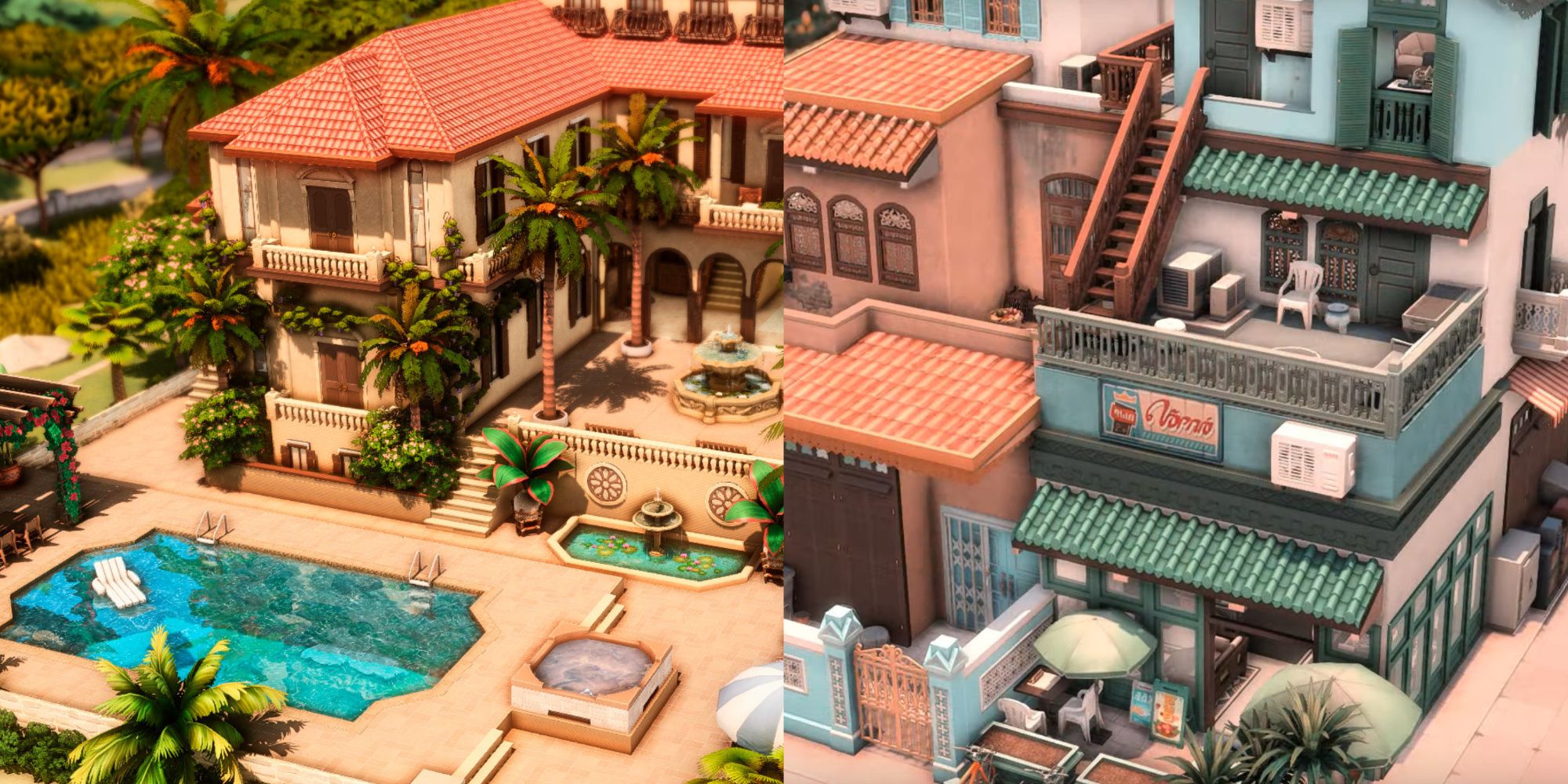 Collage showing two different custom Sim lots