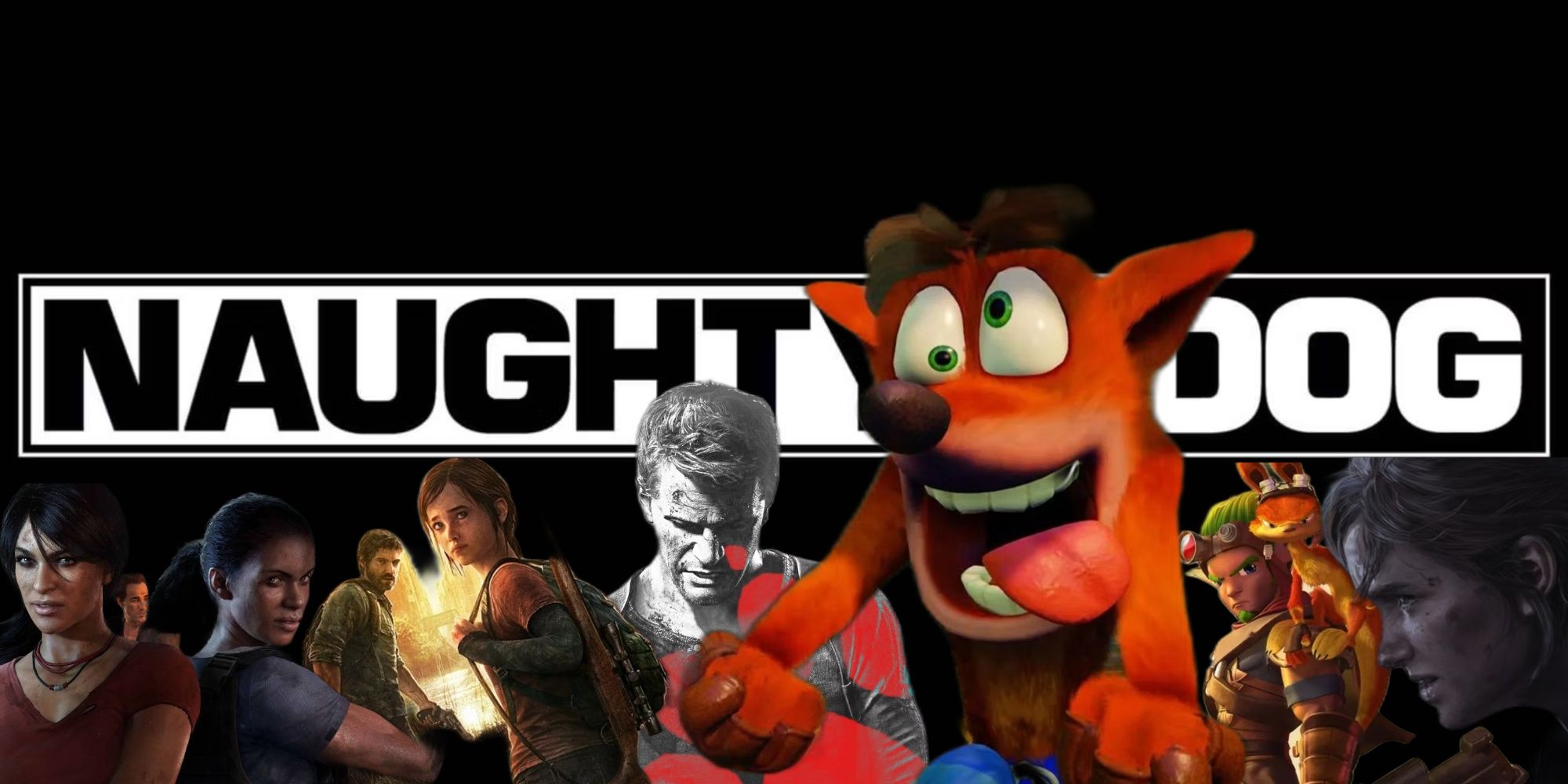 The Naughty Dog company logo in the background as characters from Uncharted, The Last of Us, Crash Bandicoot, and Jak and Daxter populate the screen.