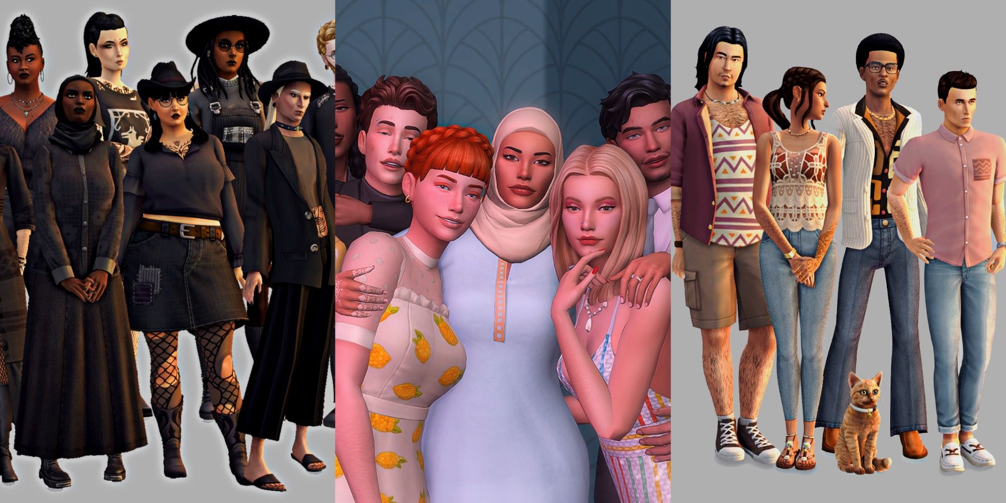 An image from The Sims 4 of three different Custom Content households that are available for download on Curseforge.