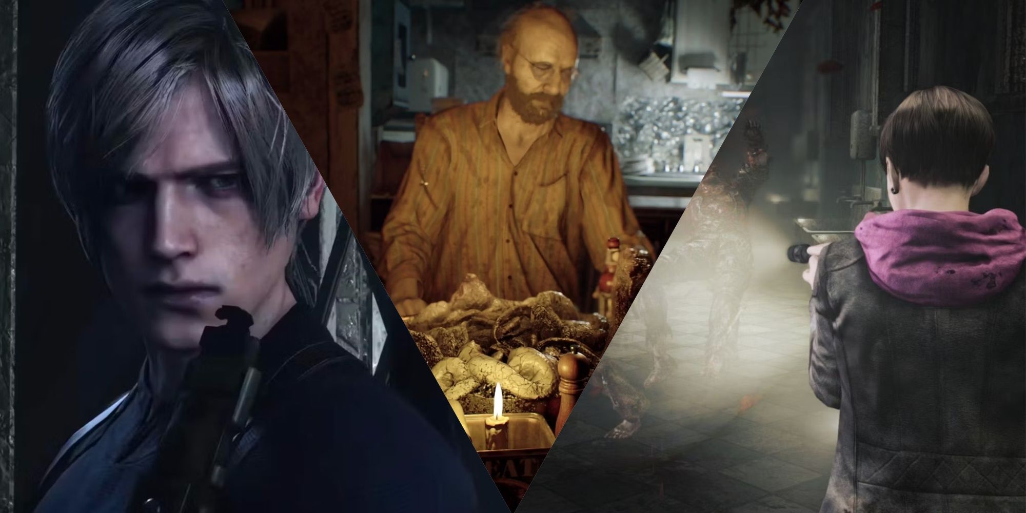 Resident Evil 4 Remake Leon with his pistol held close to his face, Jack baker at the dinner table in Resident Evil 7, and a character aiming a gun and flashlight in Resident Evil Revelations, left to right