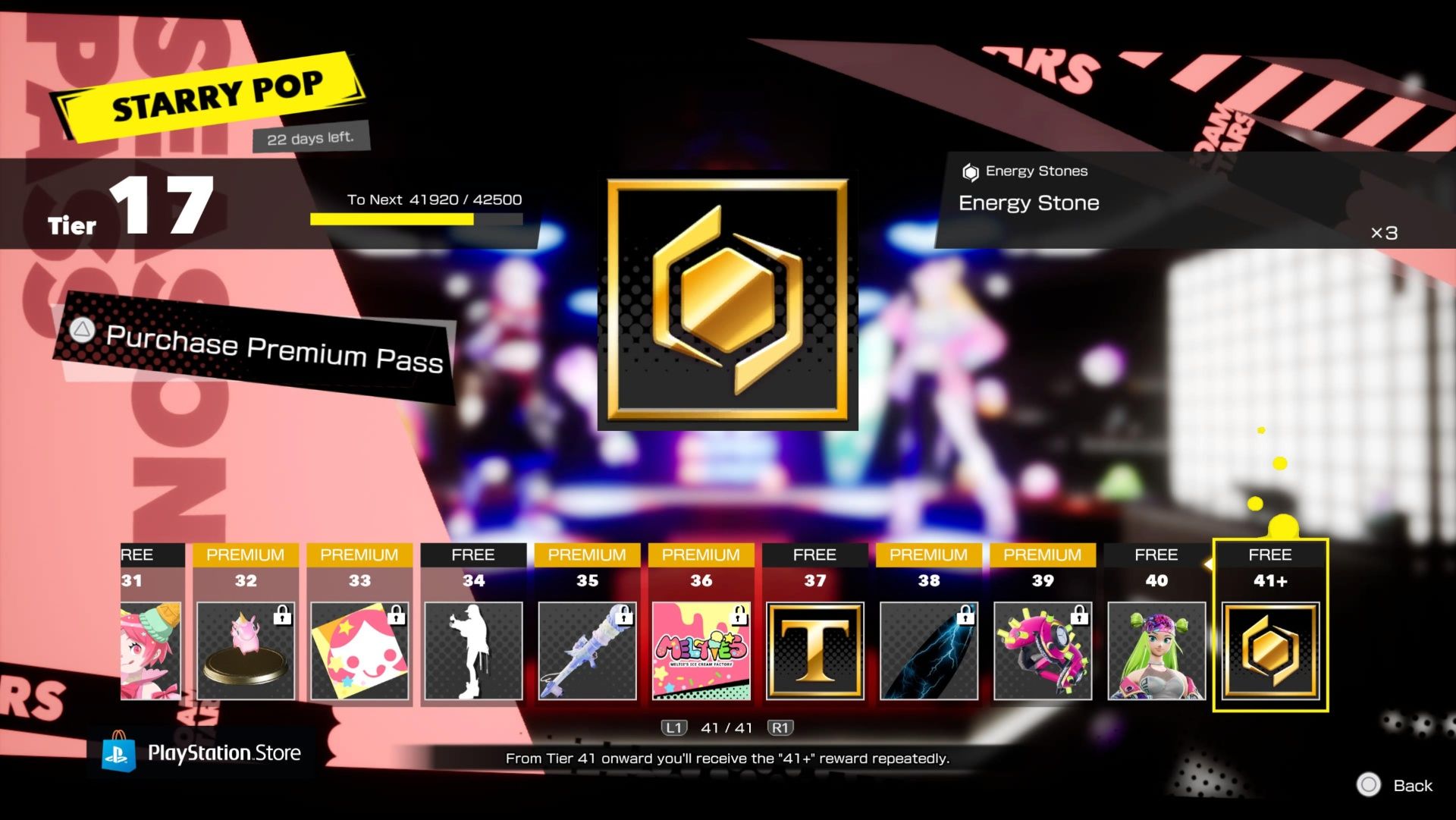 The Starry Pop Season Pass, showing the 41+ tier rewards in Foamstars.