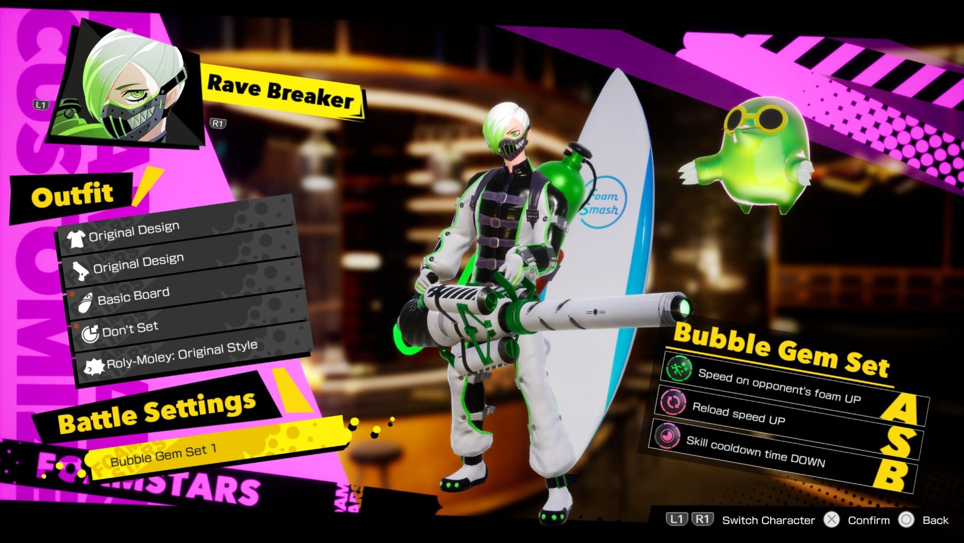 Showing a loadout for Rave Breaker, including equipment and Bubble Gem Sets in Foamstars.