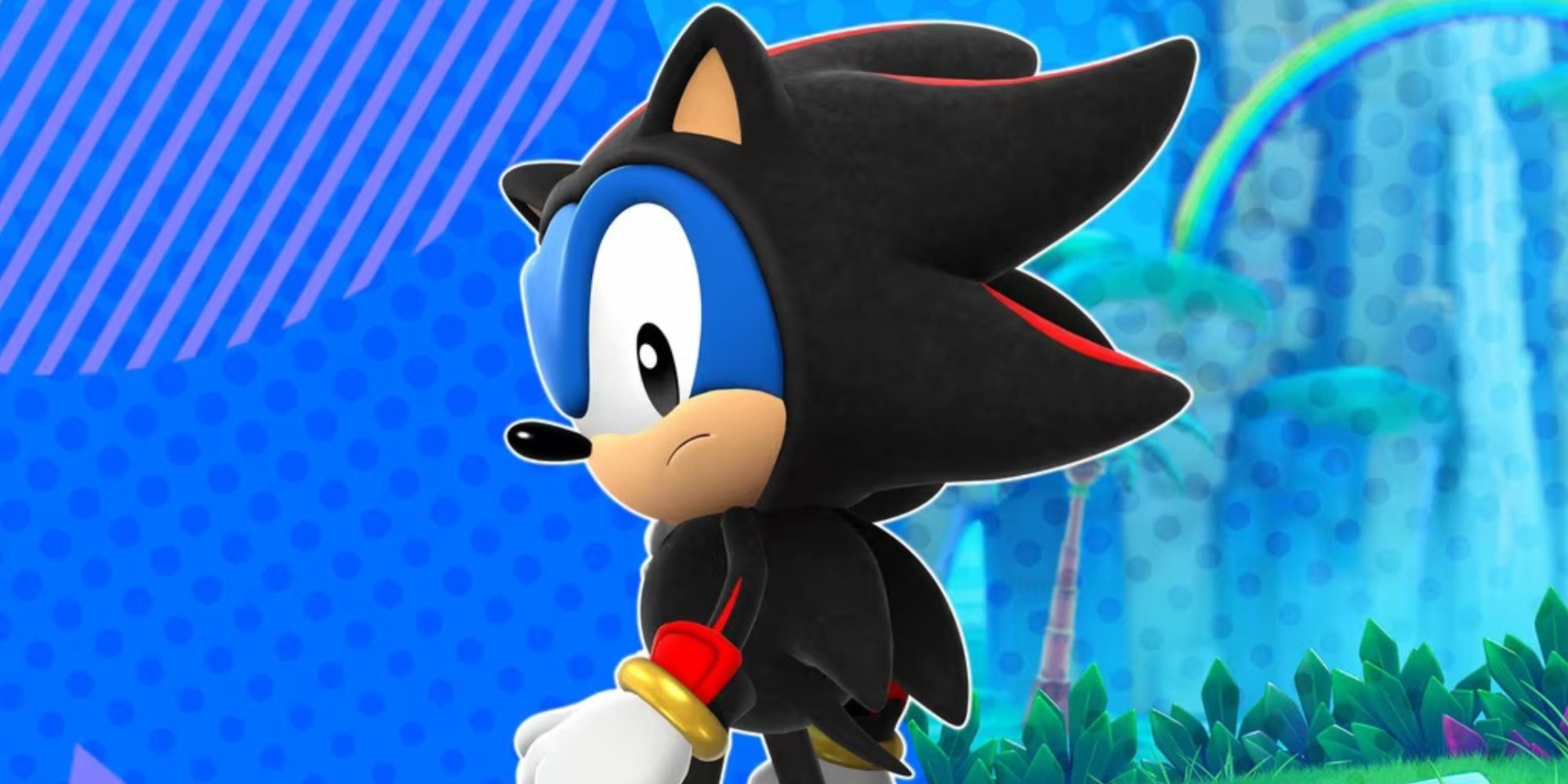 sonic wearing a shadow costume in superstars