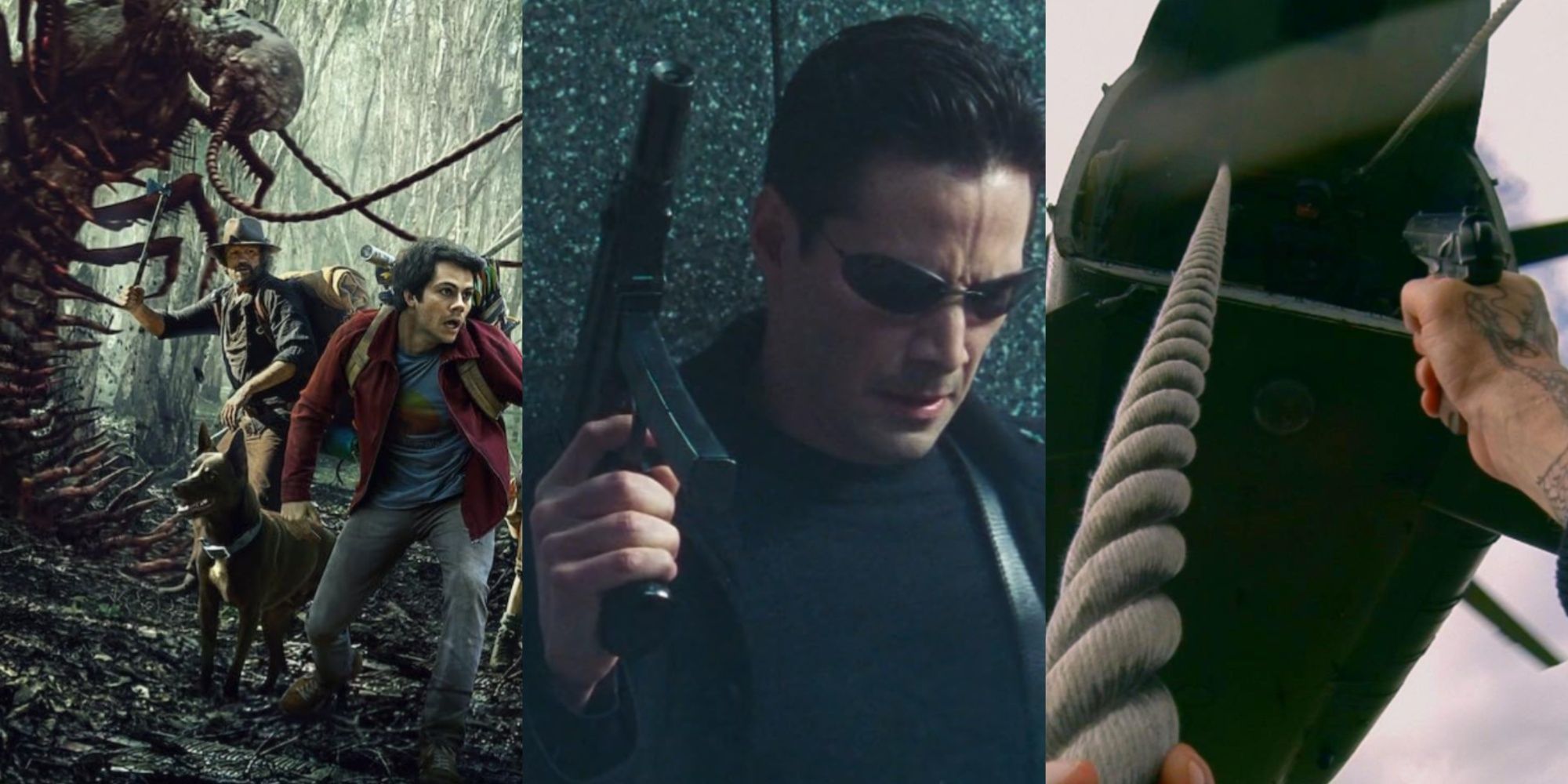 Three-image collage of characters from Love and Monsters fighting a giant centipede, Keanu Reeves as Neo in The Matrix, and the main character climbing and shooting a helicopter in first-person in Hardcore Henry.