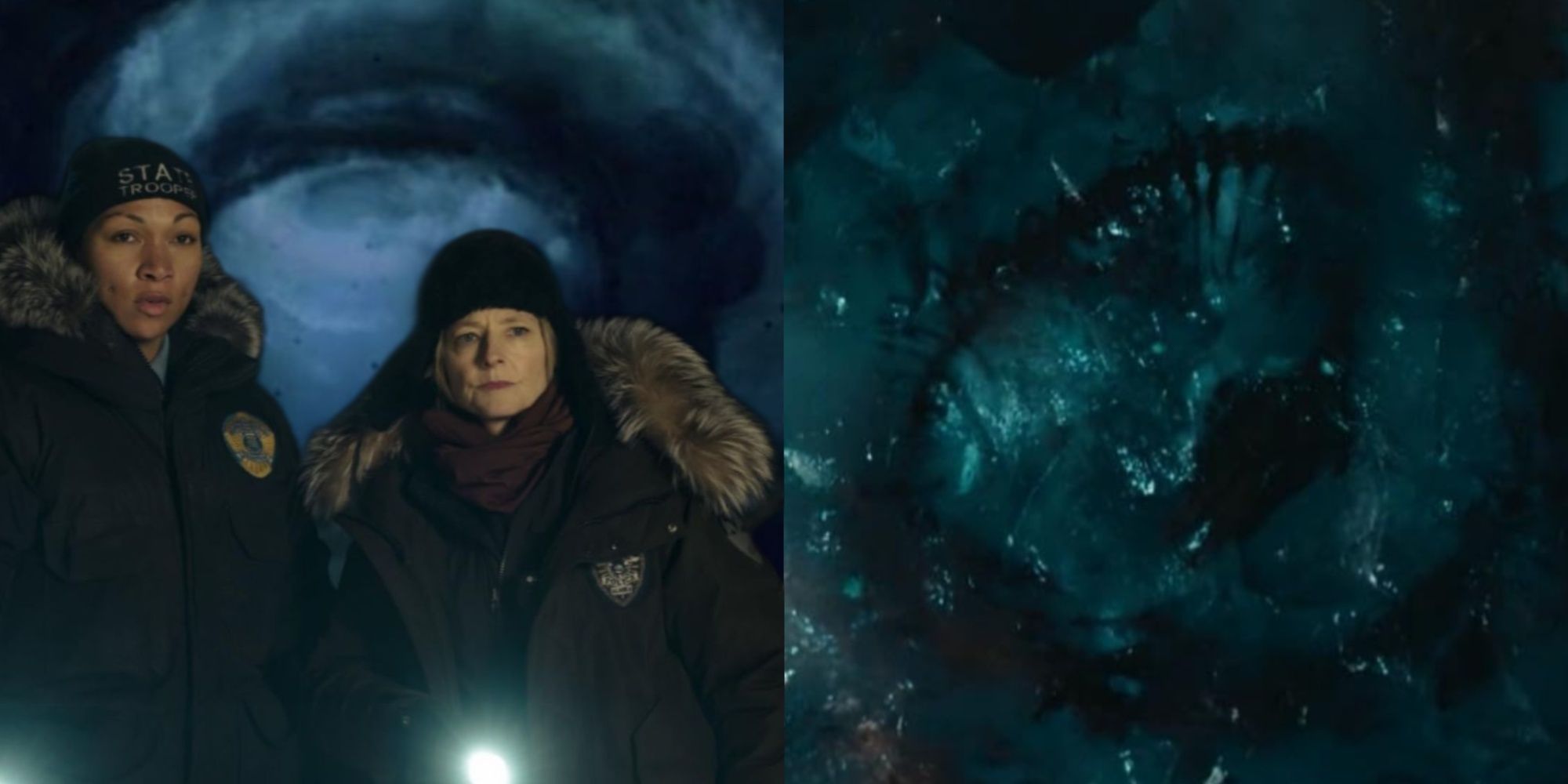 Split image of Kalie Reis' and Jodie Foster's characters Navarro and Danvers in front of the cosmic spiral portal from Season 1's finale and the spiral fossil remains in Season 4's ice cave.
