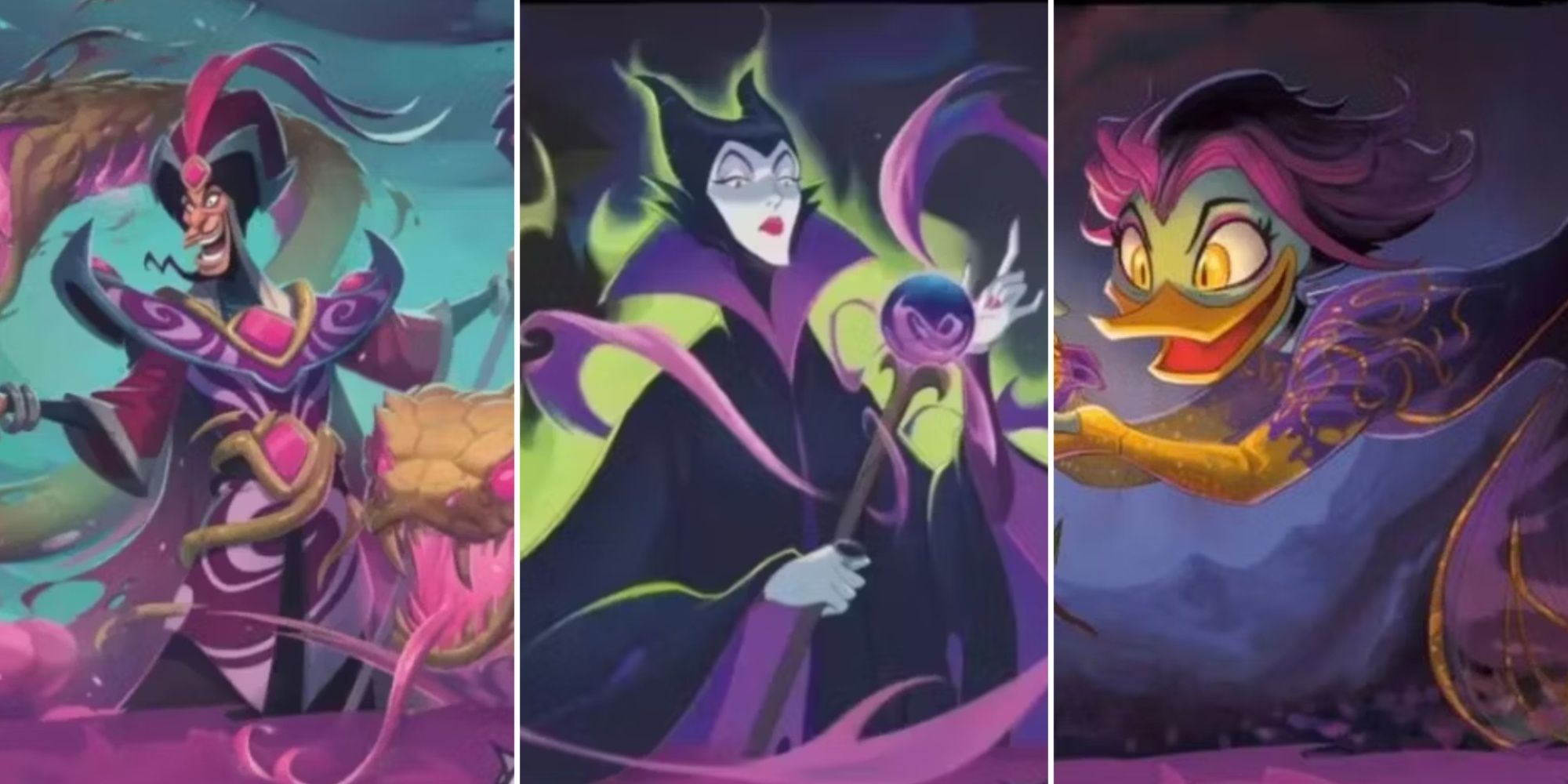 Disney Lorcana Into The Inklands Jafar, Maleficent and Magica De Spell card artwork side by side