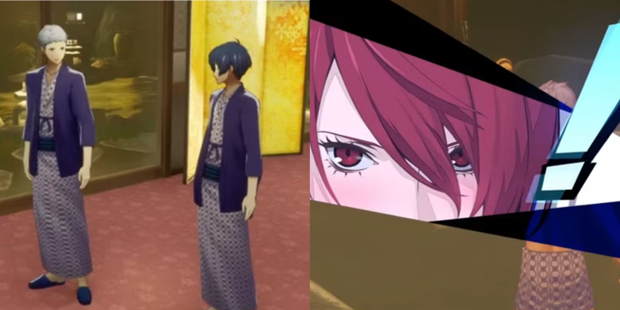A collage showing two characters speaking to each other on the left and a promp with an exclamation mark and Mitsuru's face on the right.