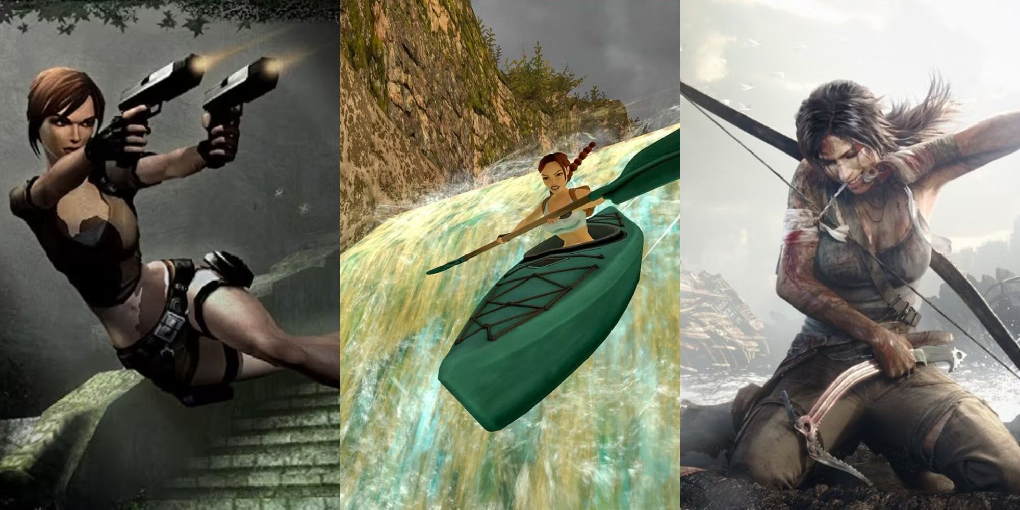 Lara firing her dual pistols while diving, Lara rowing a canoe down a waterfall, and Lara tying a bandage around her arm in Tomb Raider reboot, left to right