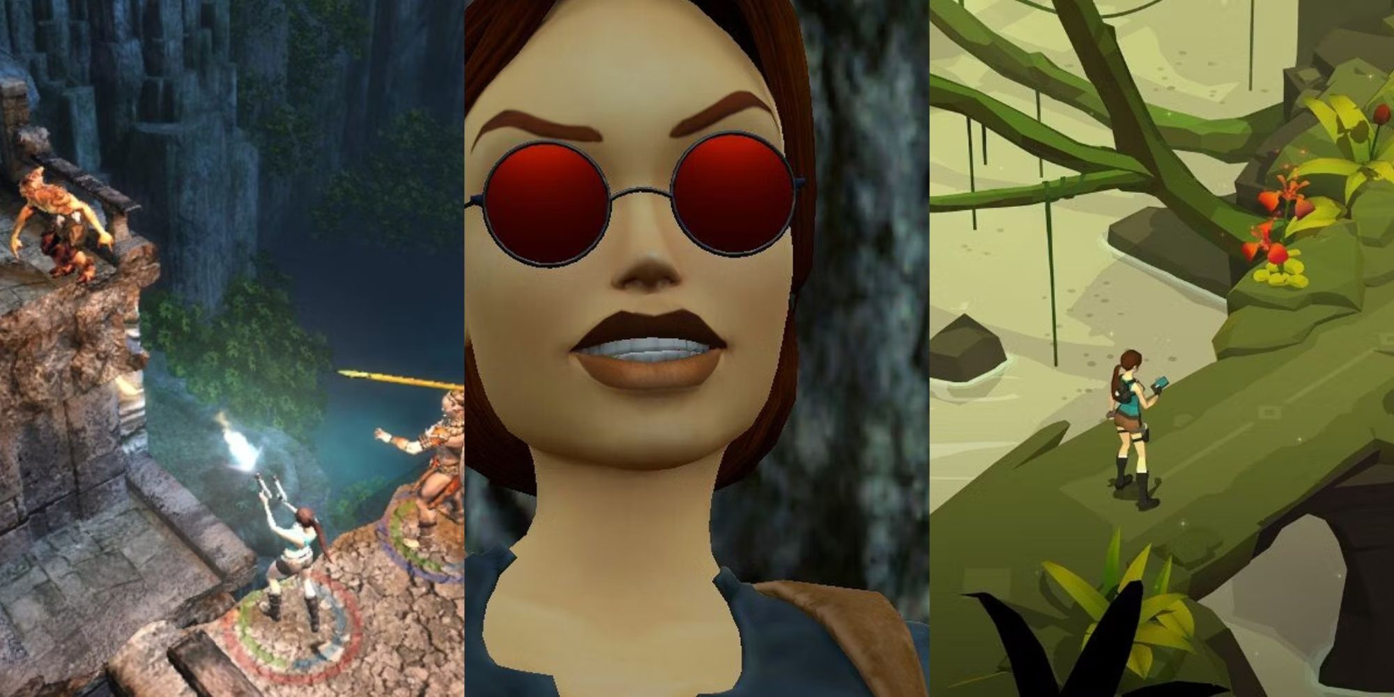Lara Croft shooting in The Guardian Of Light, Lara smiling with Sunglasses, and Lara looking at a device in her hands in Lara Croft Go, left to right