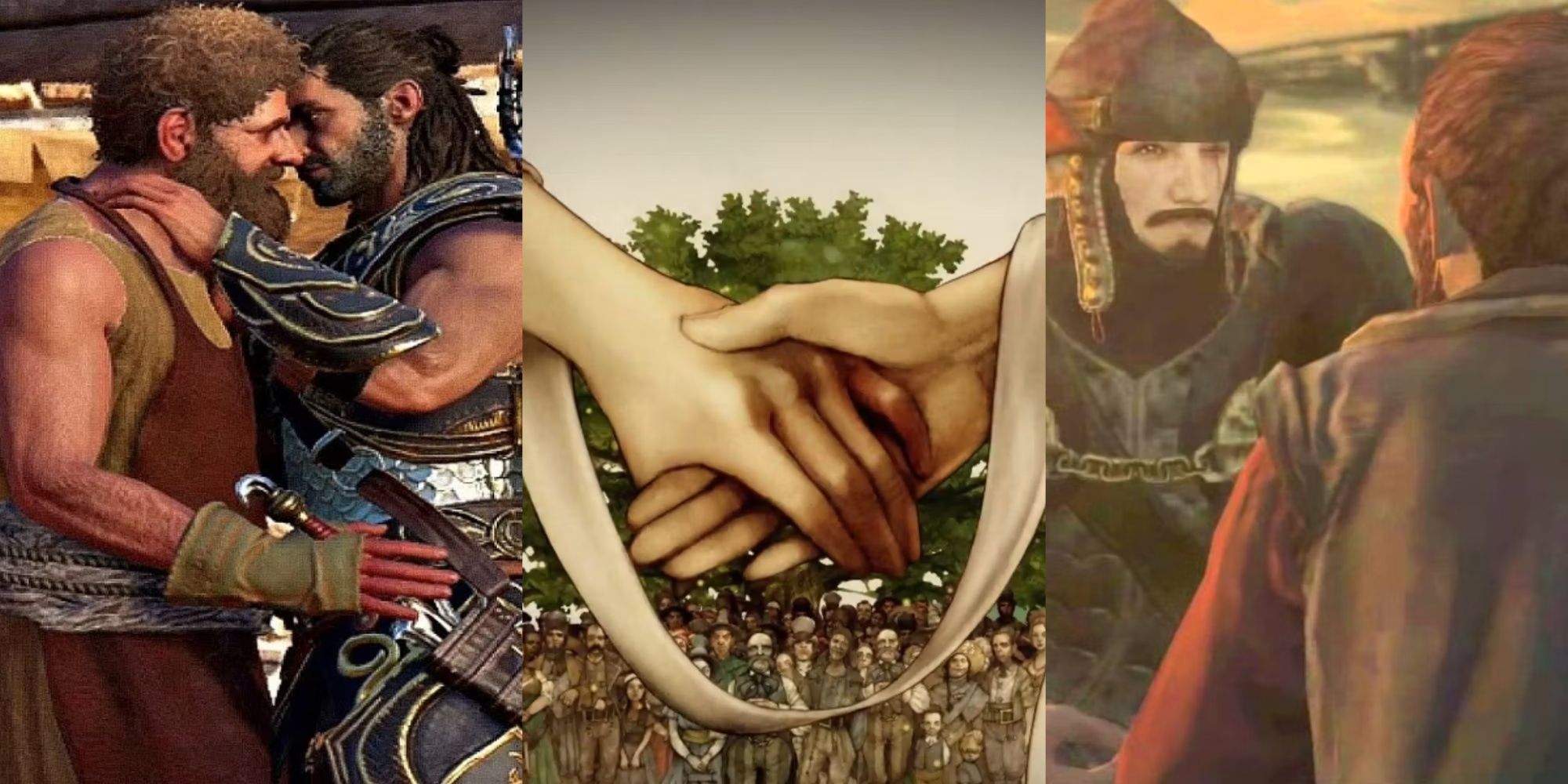 Alexios and Kosta embracing each other in Assassin's Creed Odyssey, an image of two hands joined in marriage from Fable 2, and the Arisen with Caxton, left to right
