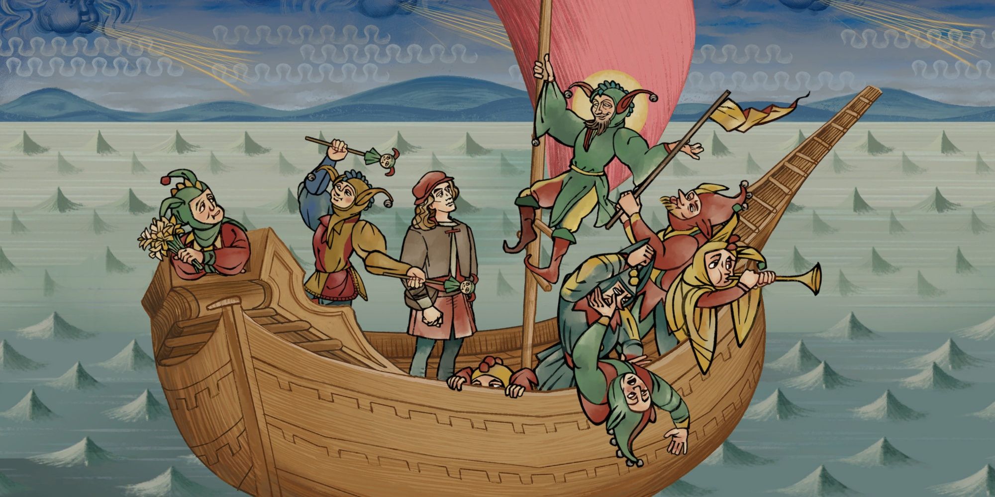 pentiment characters sailing on a boat
