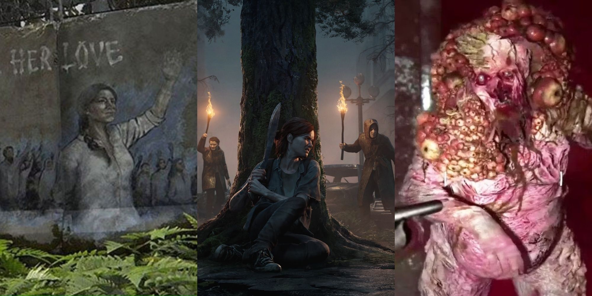 Three image collage of the Seraphite Prophet raising her arm in front of followers as a mural, Ellie hiding from Seraphites, and a Shambler enemy with a shotgun being aimed.