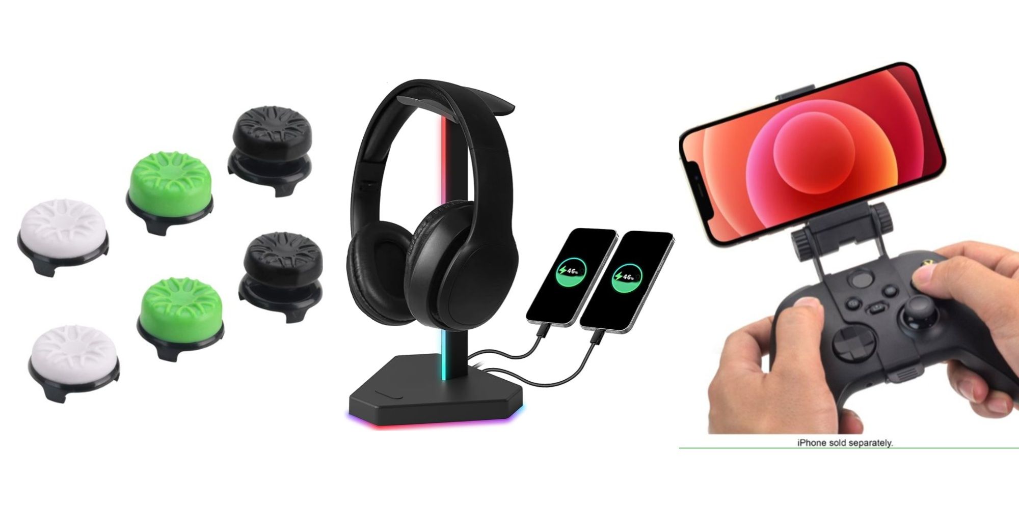 A picture of thumb sicks, a headphone holder and phone holder on an xbox controller side by side