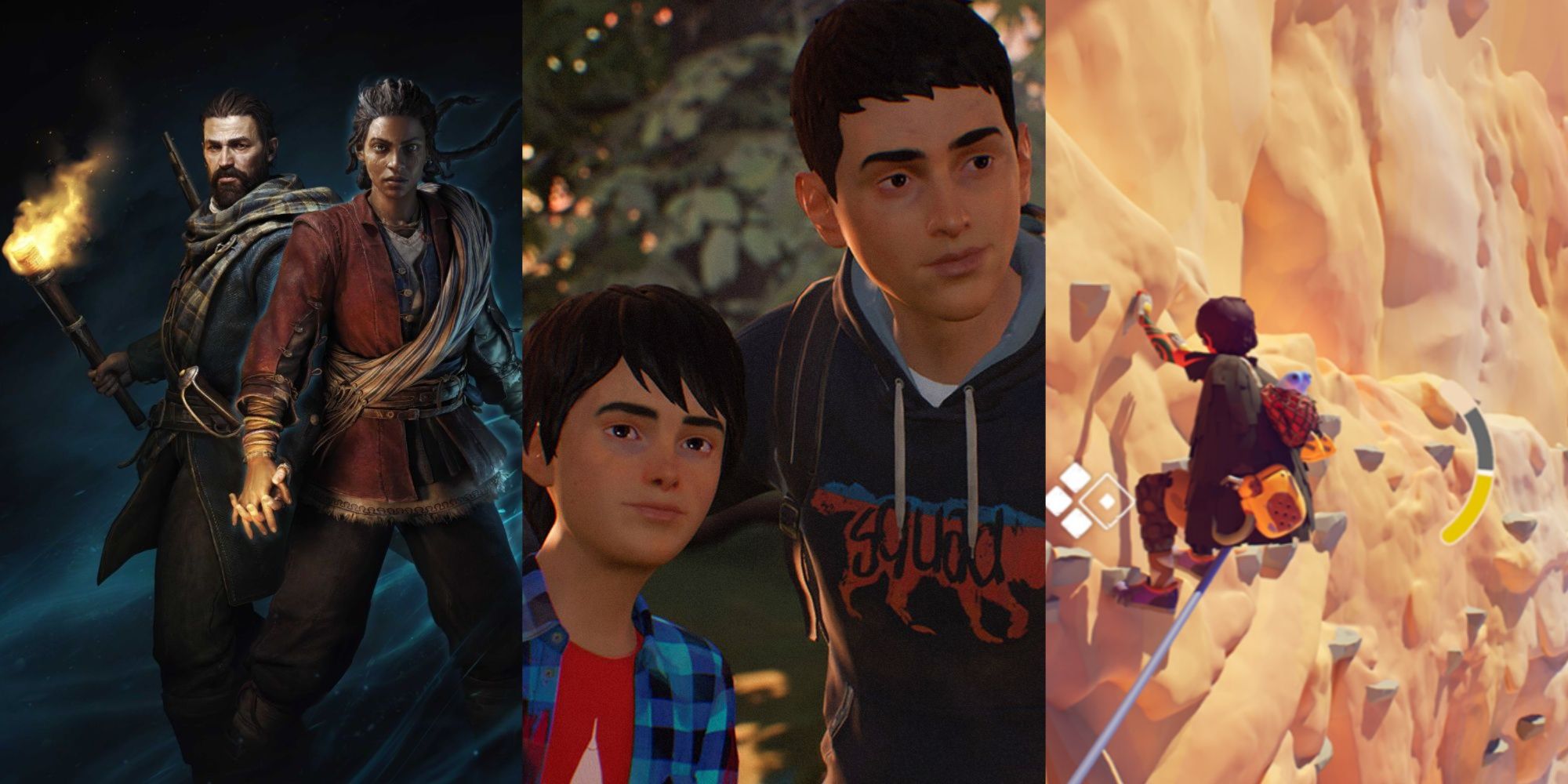 Three-image collage of Red and Antea on the cover art for Banishers: Ghosts of New Eden, brothers Sean and Daniel Diaz in Life is Strange 2, and Jusant's protagonist scaling a rocky cliff with a companion.