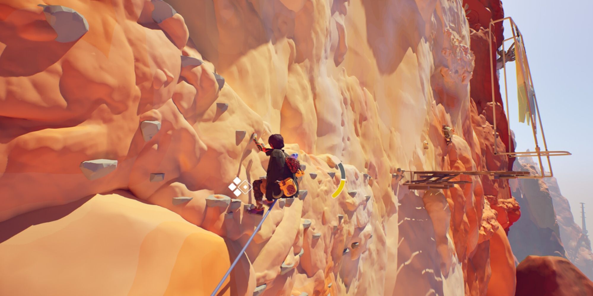 Jusant's protagonist climbing across rock fragments with rope and meter UI visible, the adorable Ballast companion also seen from the backpack.