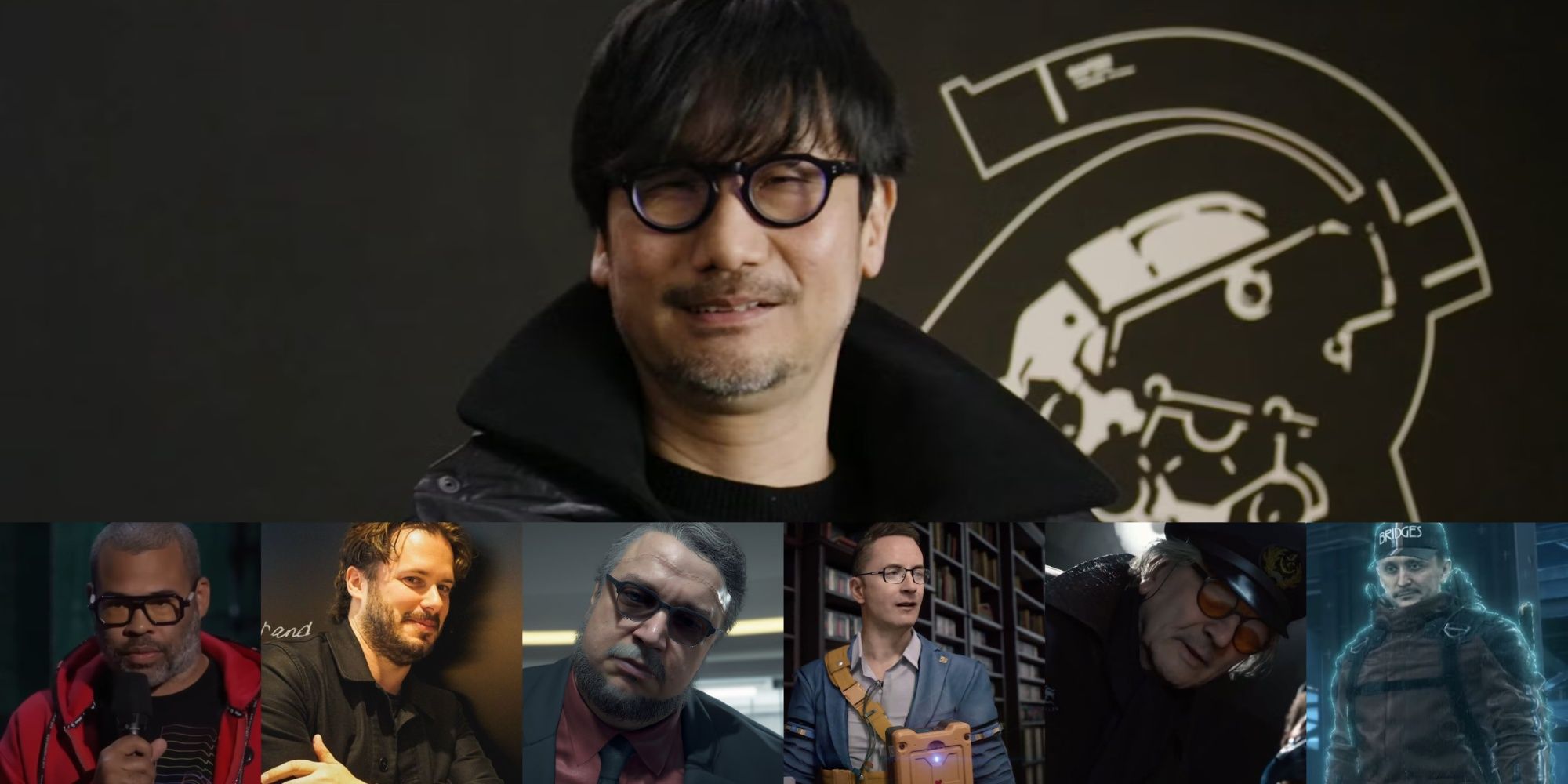 A seven-image collage featuring Hideo Kojima by the KP studio logo at the top, followed by squares of Jordan Peele, Edgar Wright, Guillermo del Toro, Nicolas Winding Refn, George Miller, and Tommy Wirkola.