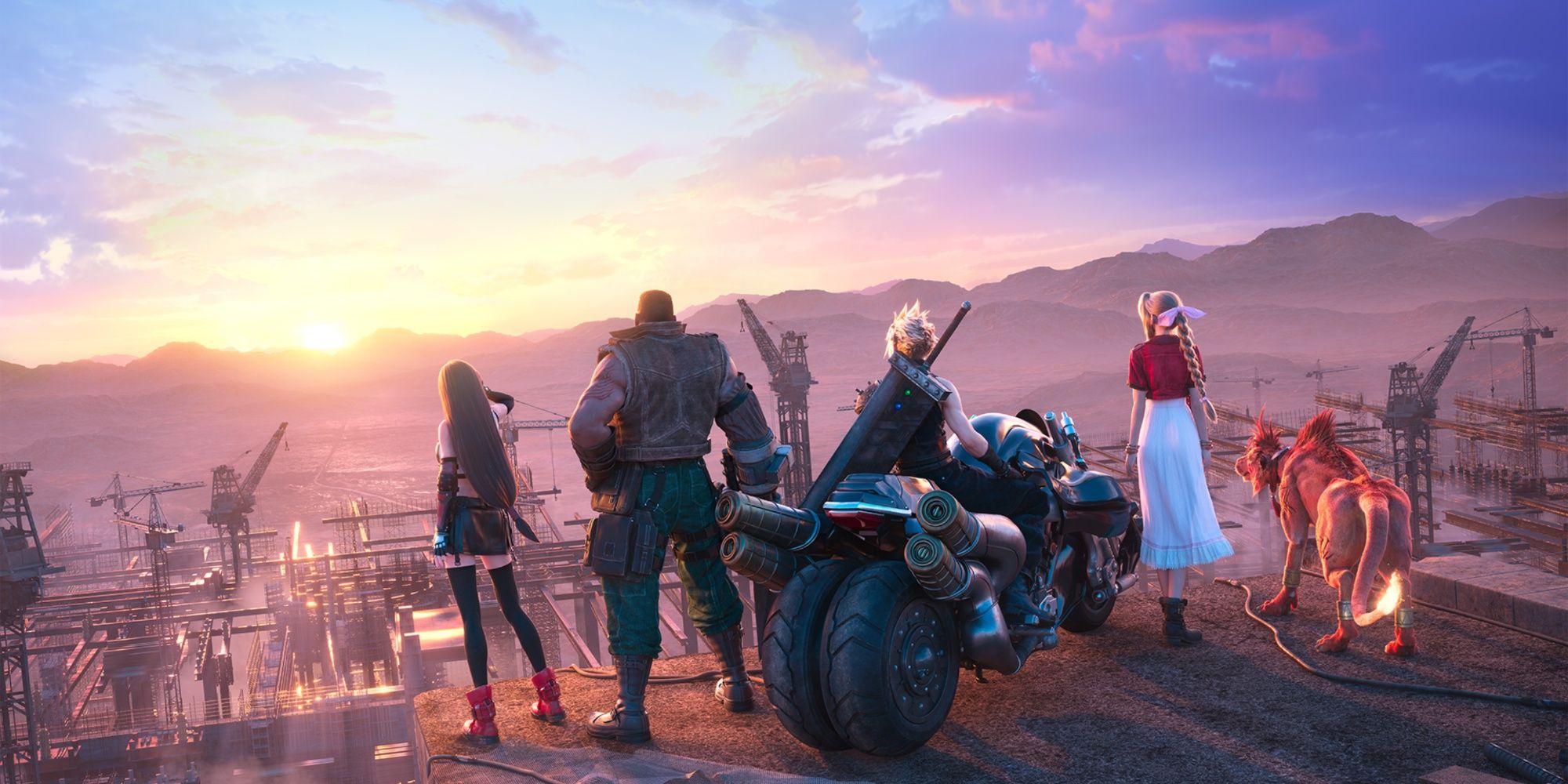 Tifa, Barret, Cloud, Aerith, and Red 13 stand on the outskirts of Midgar