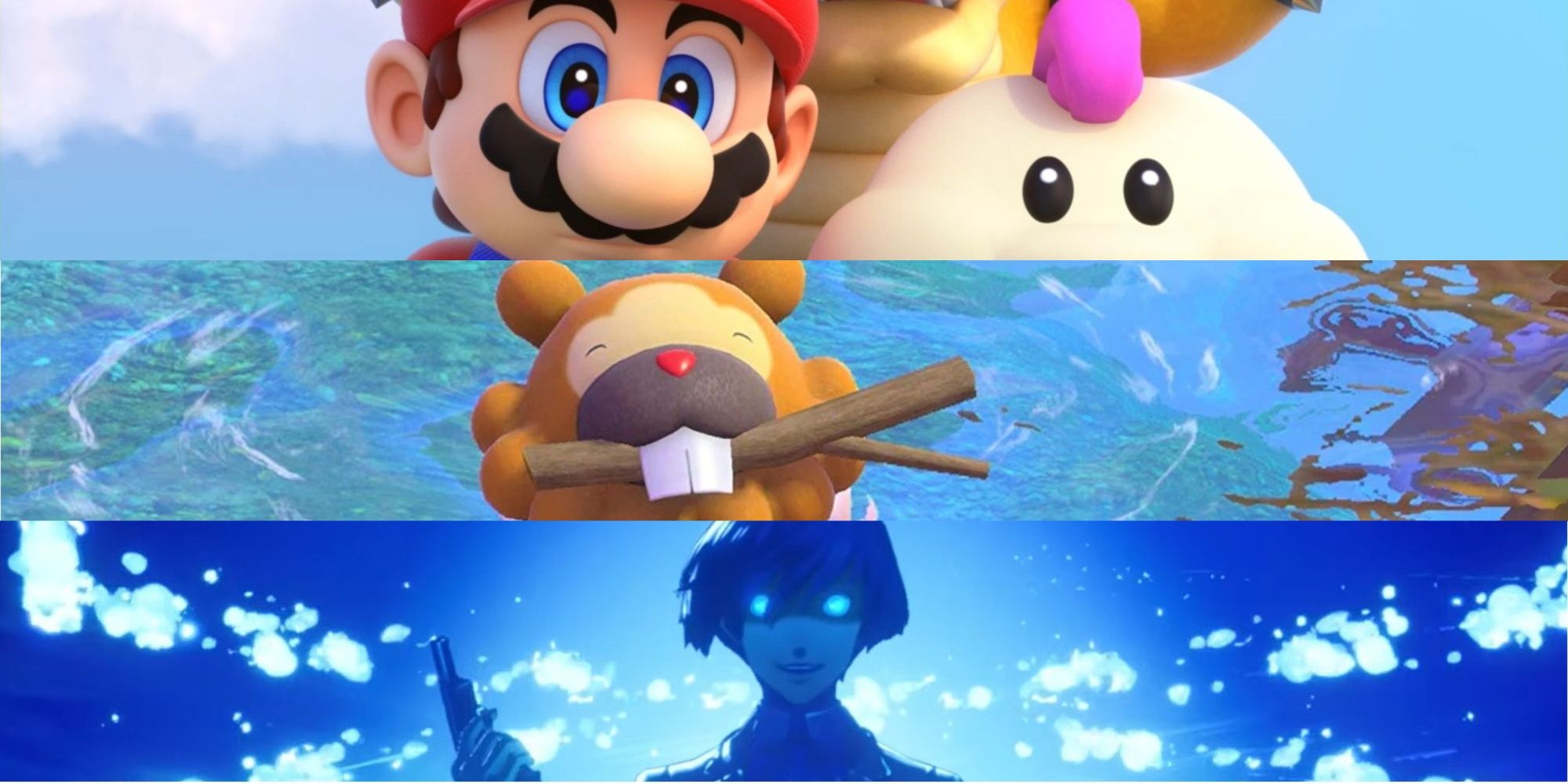 Mario with other characters from Super Mario RPG, Bidoof with a stick in its mouth from Pokemon Snap, and Makoto Yuki from Persona 3 Reload with his gun, top to bottom