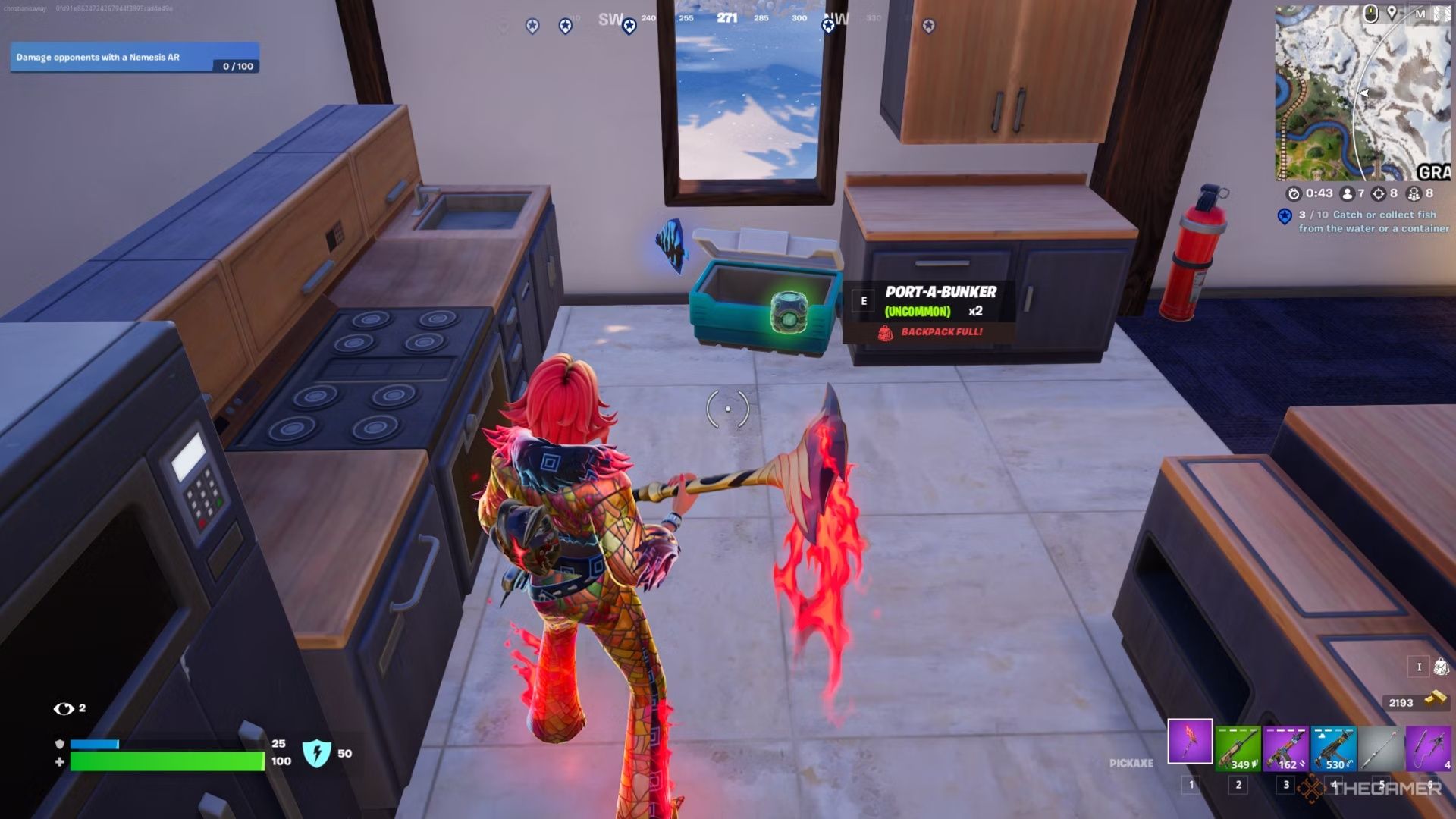 A screenshot from Fortnite showing Valeria standing in a kitchen next to a cooler that has given a Port-A-Bunker and a Shield Fish when opened.