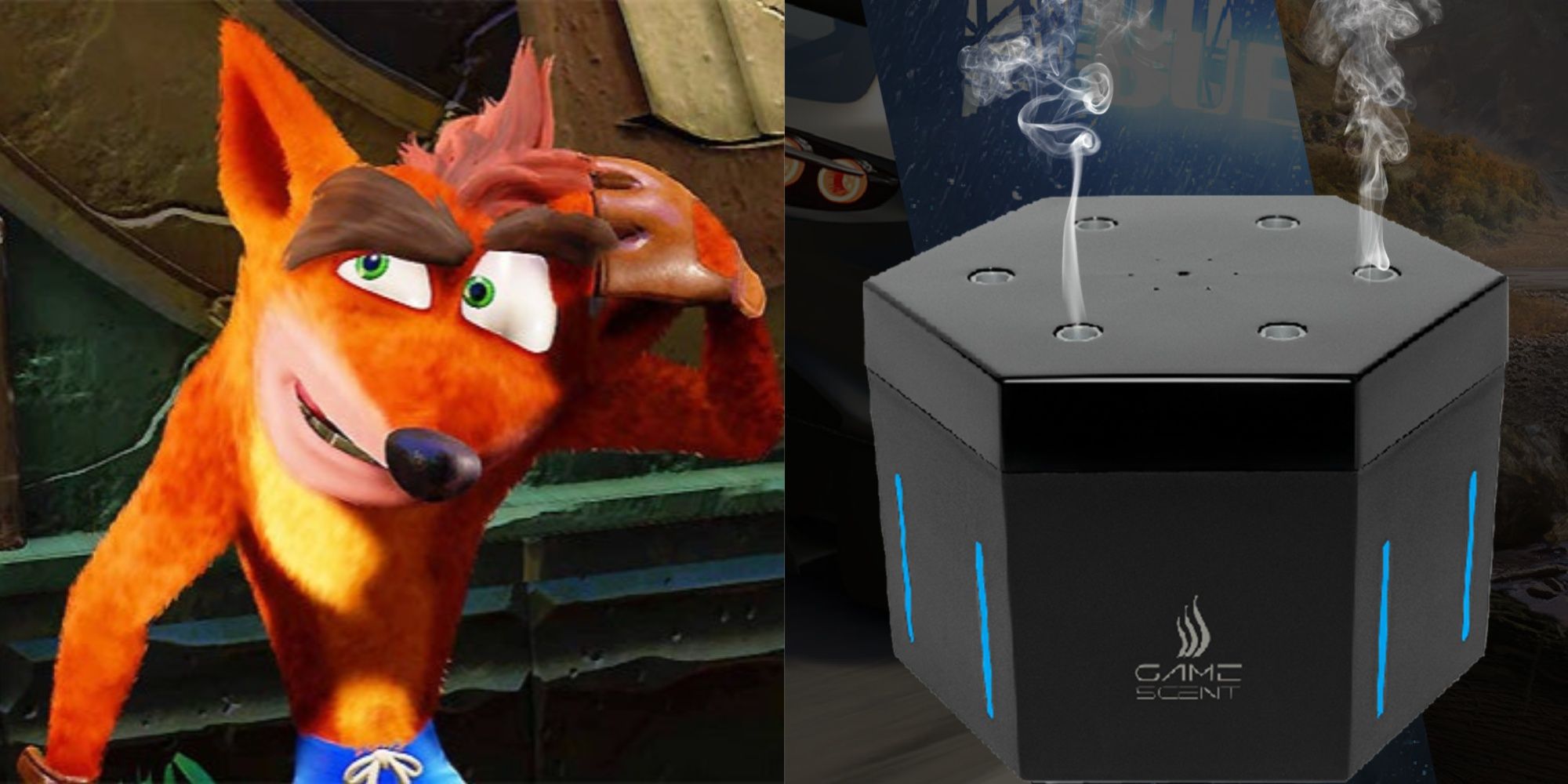 crash bandicoot scratching his head, and the gamescent emitting a smell