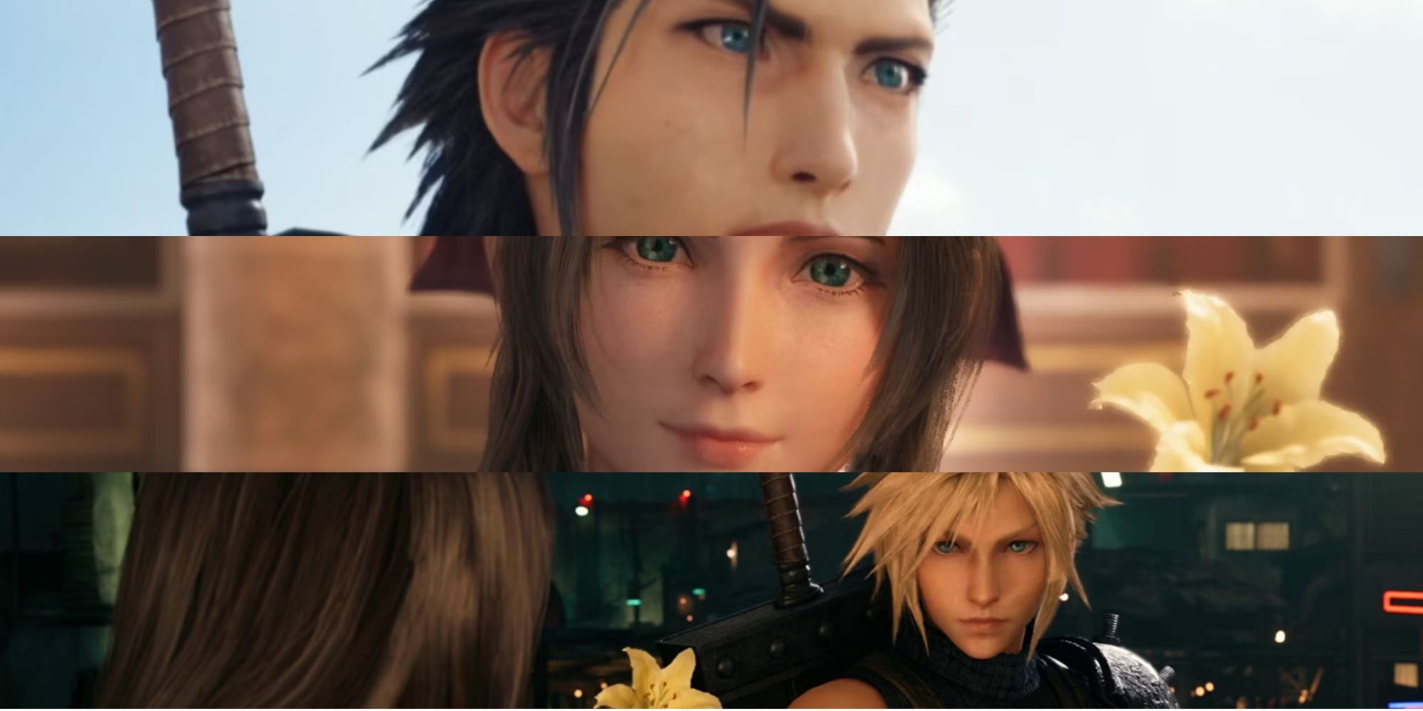 Final Fantasy 7 Remake Zack Fair looking into the distance, Aerith holding a flower, and Cloud holding a flower, top to bottom