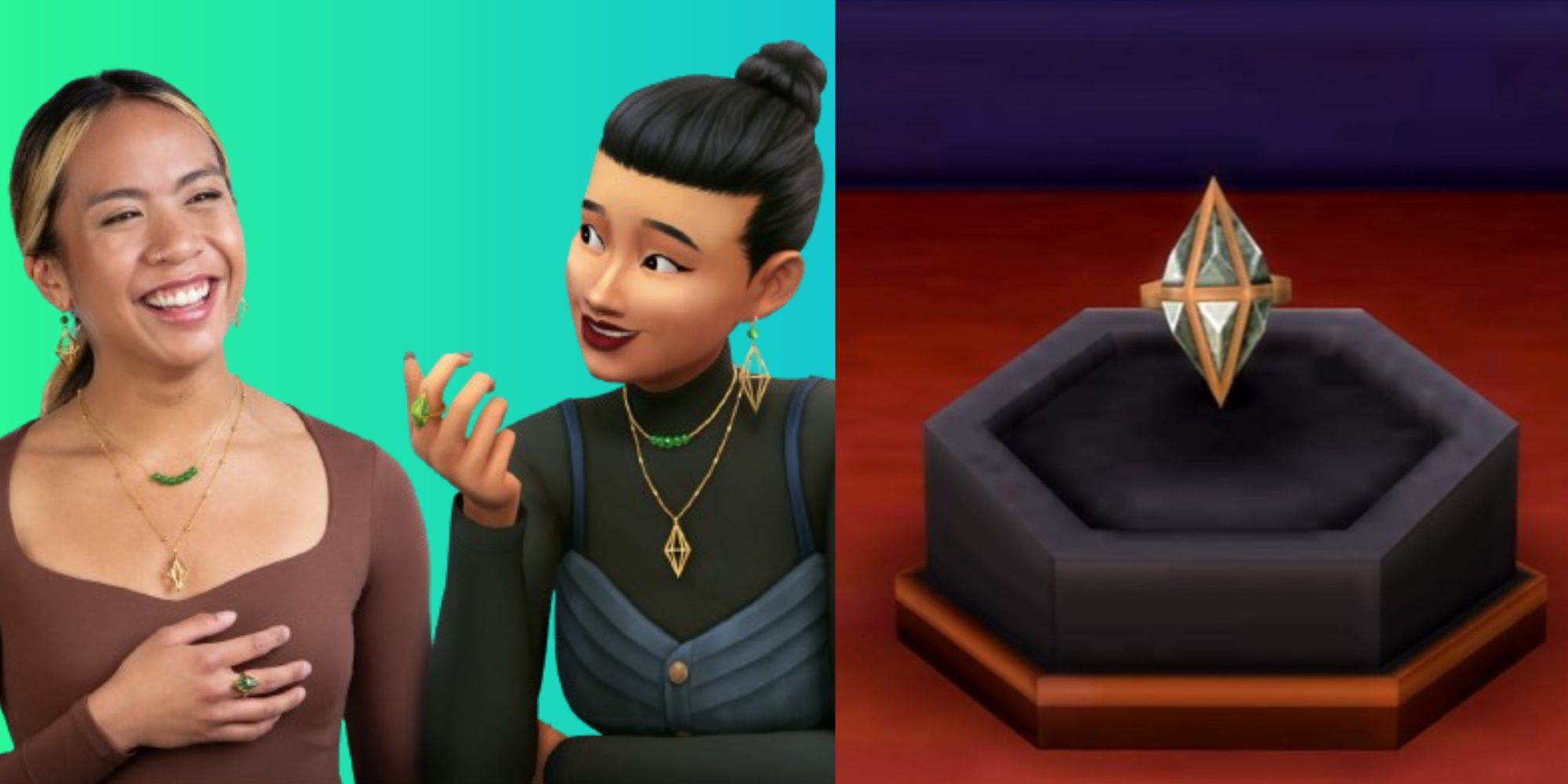 woman and sims woman wearing matching jewelry, and a sims plumbob pendant