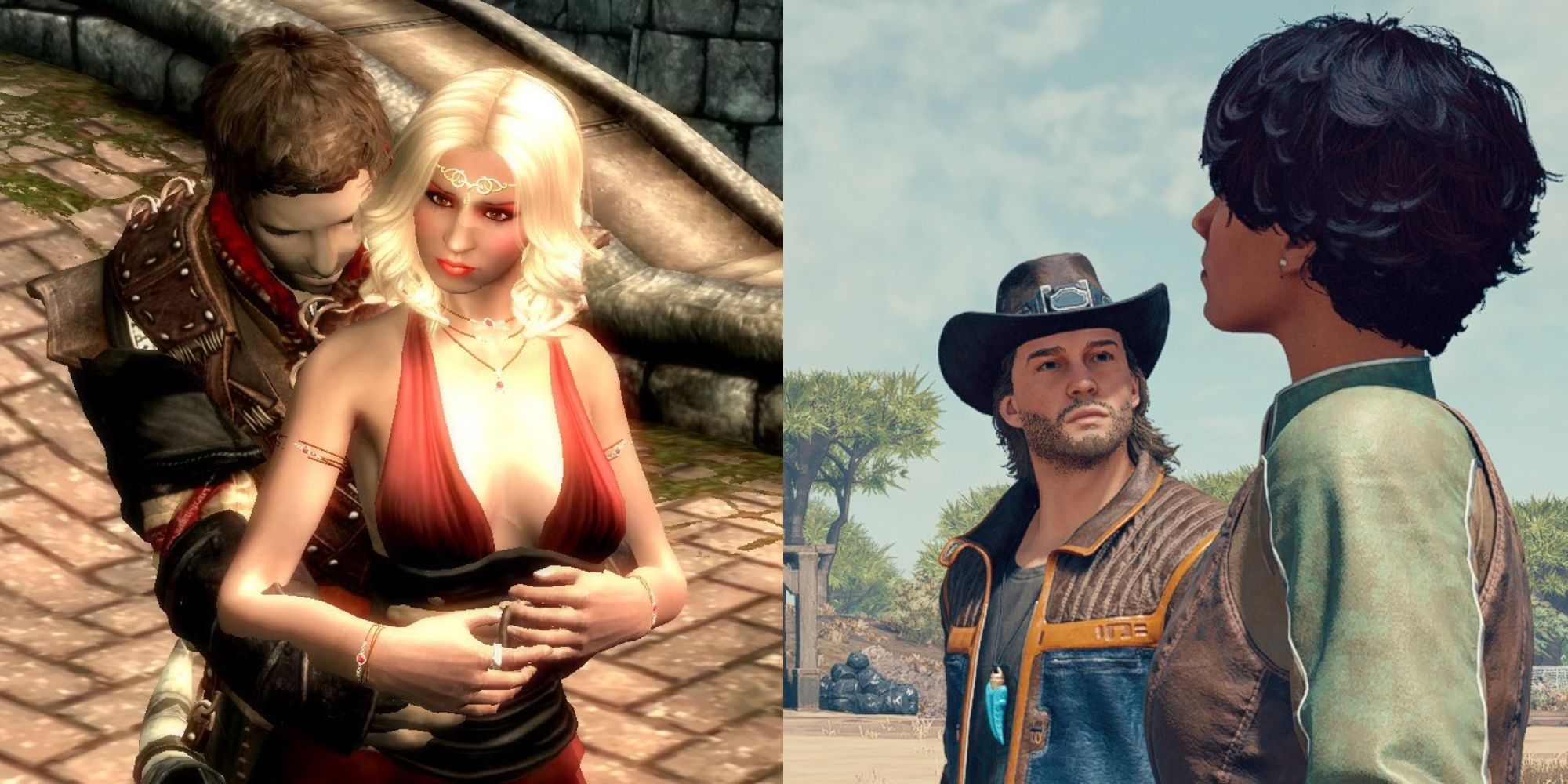 Modded Skyrim Player Holding Woman, Starfield Sam Coe looking at Player (1)