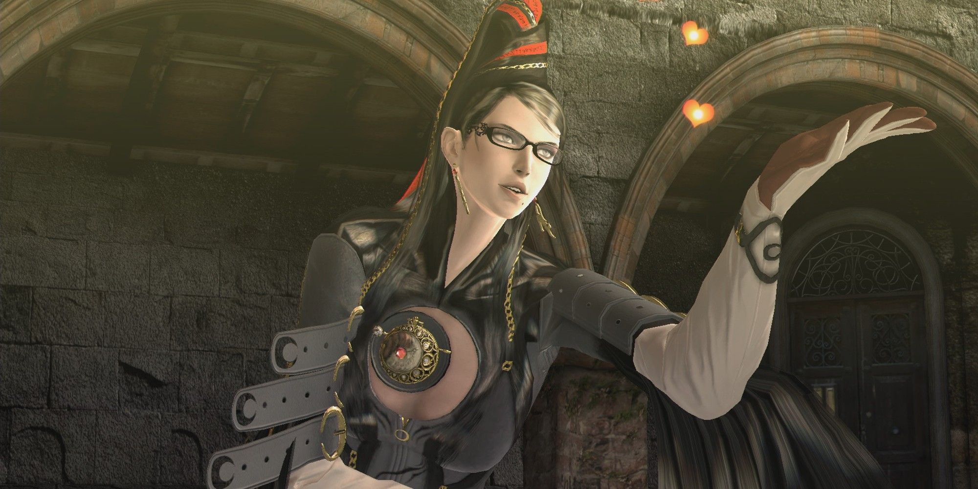 Bayonetta holding out her hand.