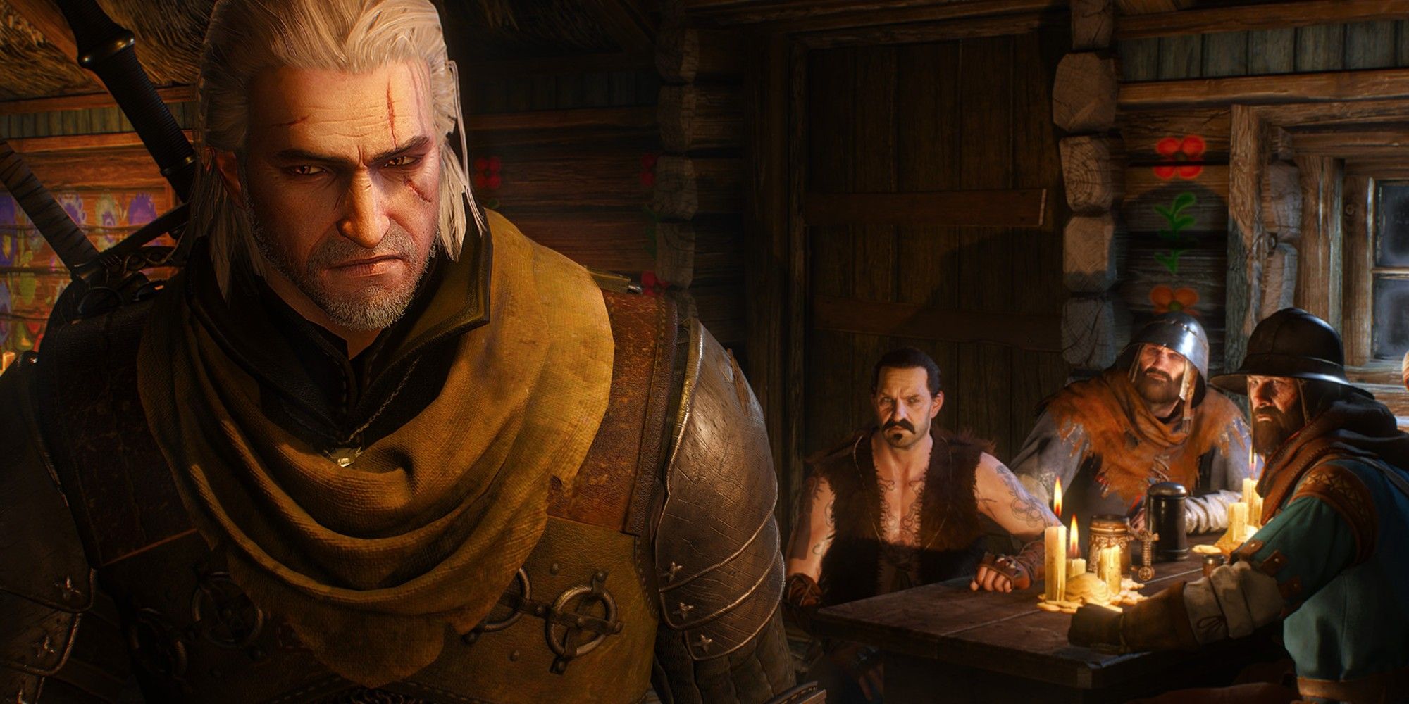 Geralt in a tavern with other villagers.