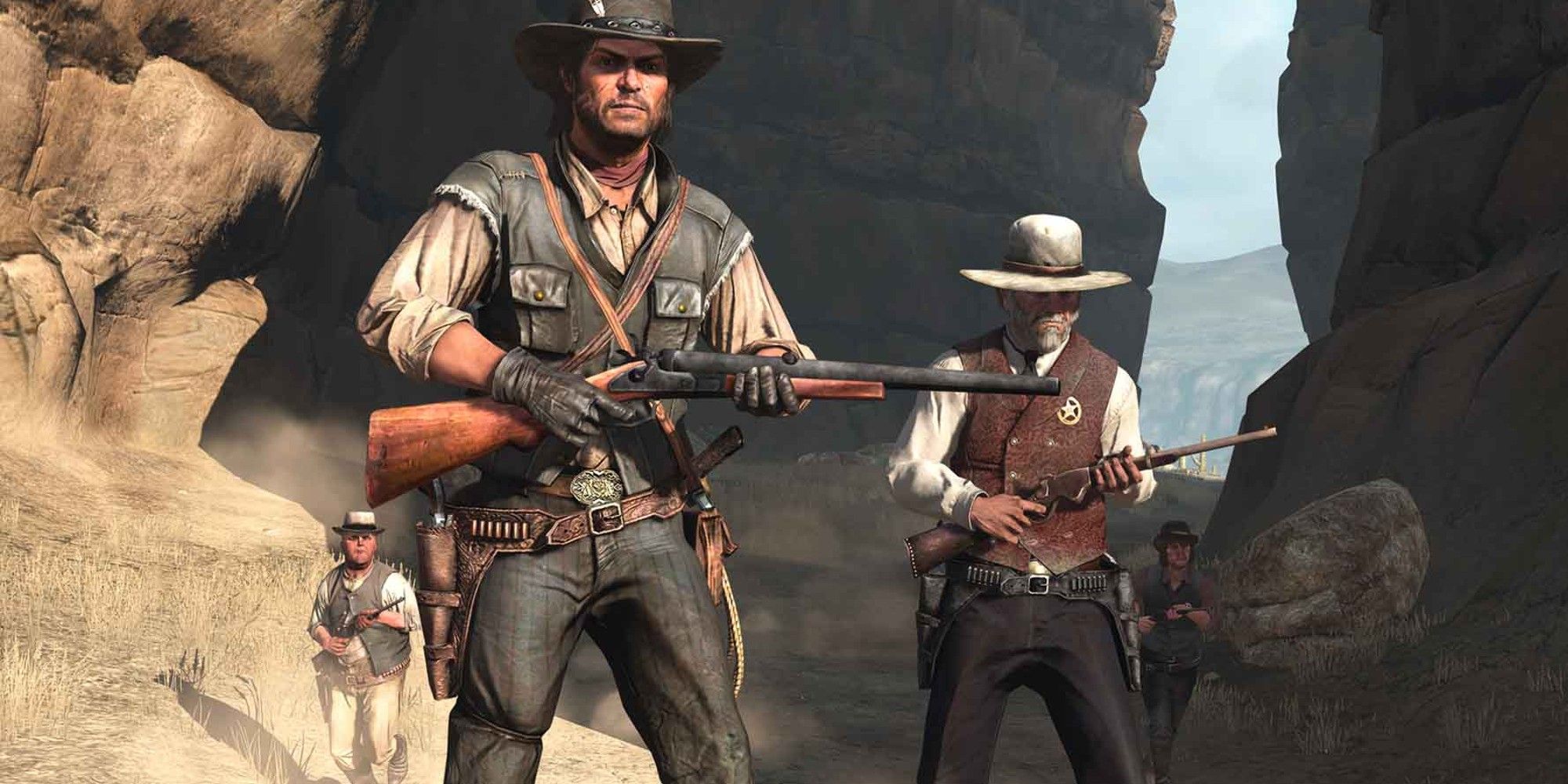 John Marston and other outlaws with guns.