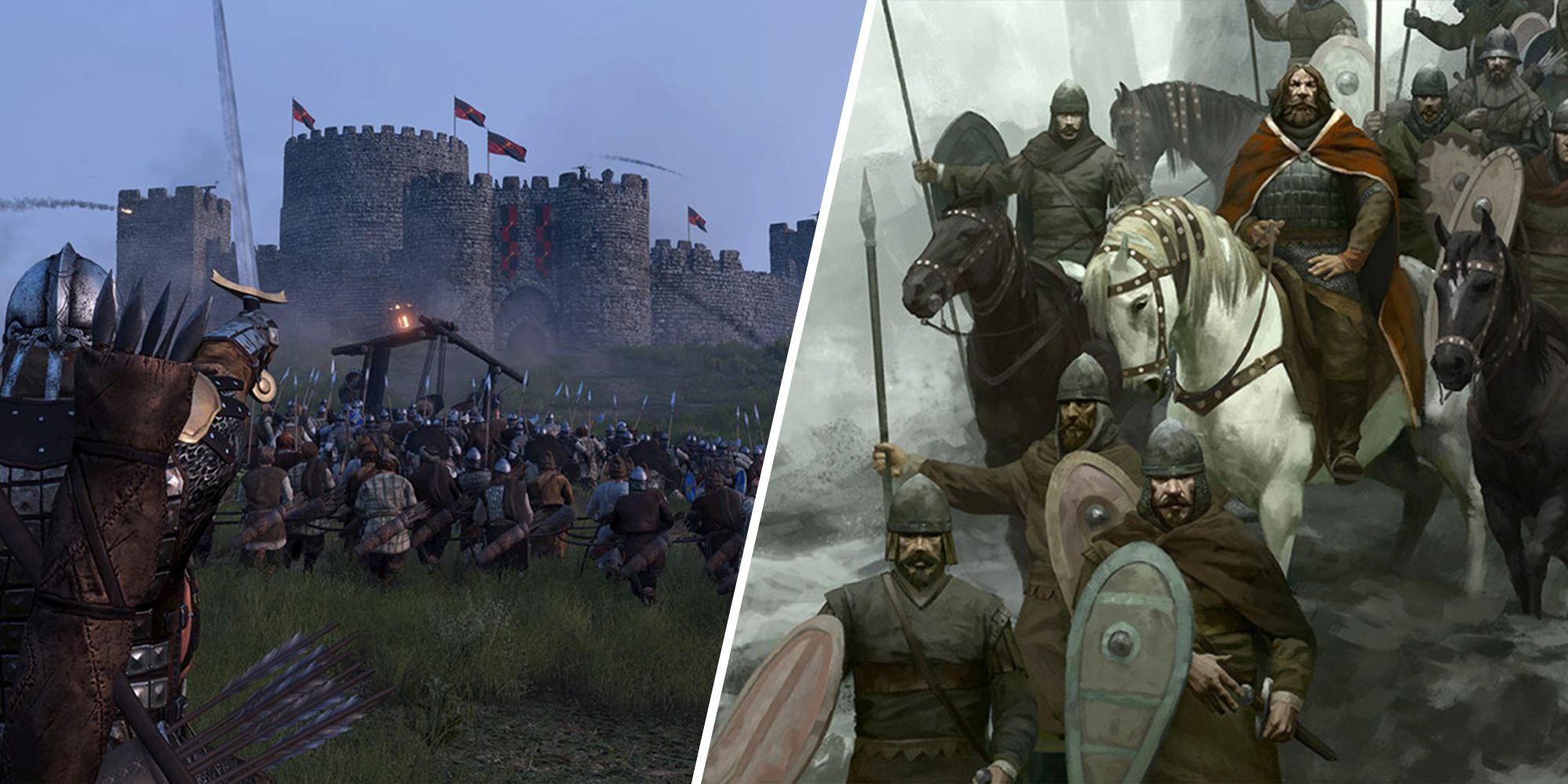 Split image of a castle under siege and a group of medieval soldiers.