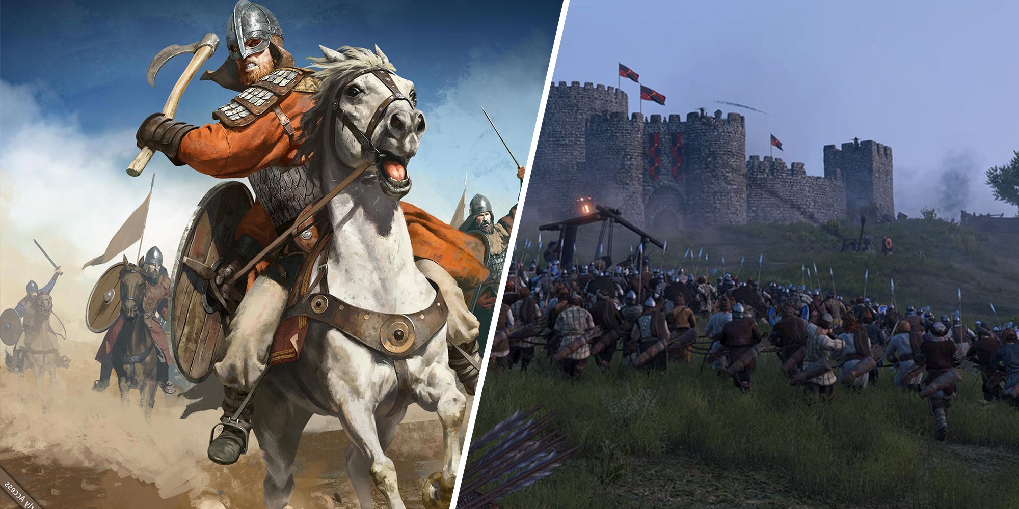 Split image of a soldier on a white horse and a siege battle