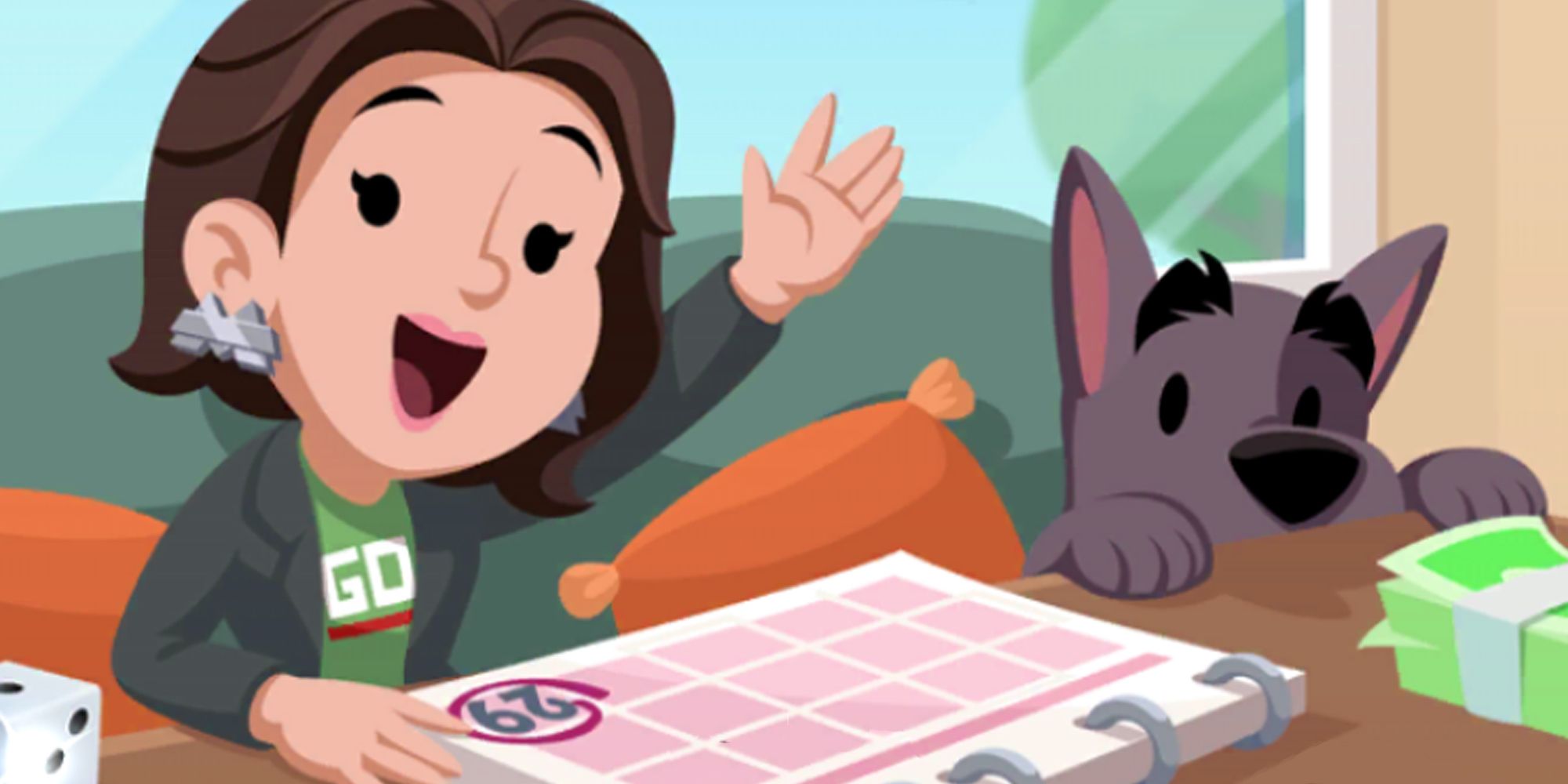 Ms Monopoly waiving while she is sitting with her pet in Monopoly Go.