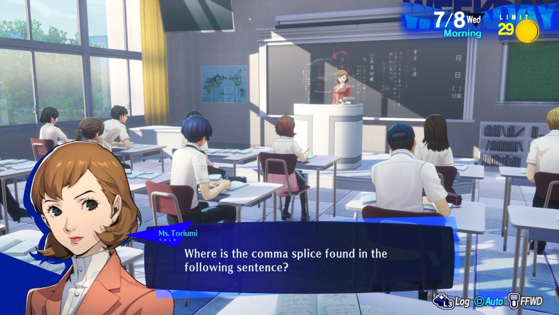 ms. toriumi asking a question in class on july 8 persona 3 reload p3r