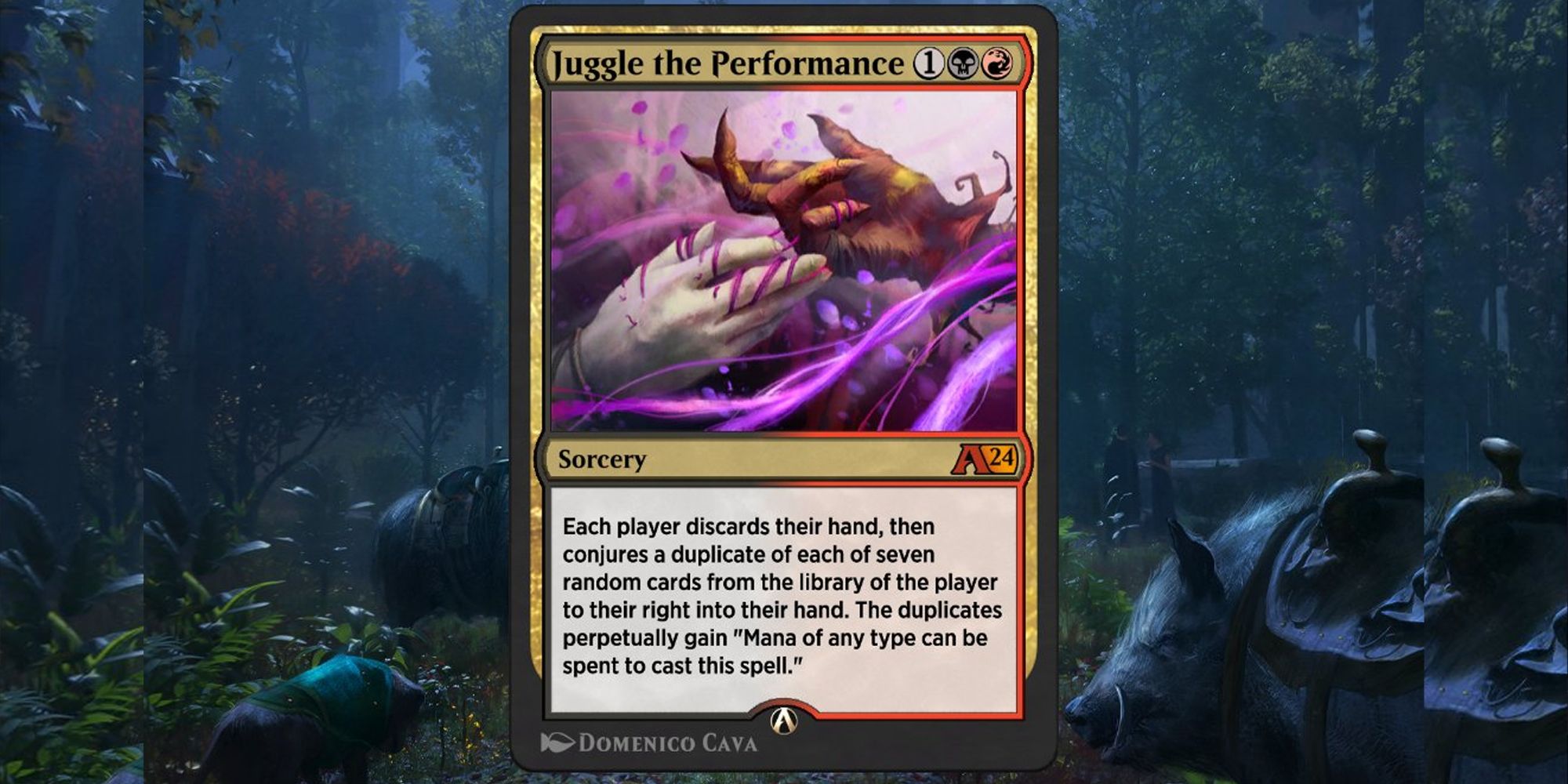 MTG Arena Juggle the Performance card over a forest background at night
