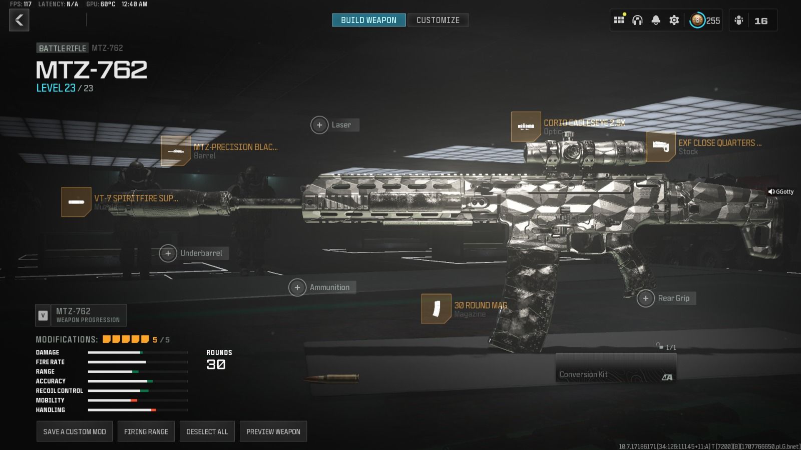 Loadout menu showing the long-range MTZ-762 build in Call of Duty Warzone