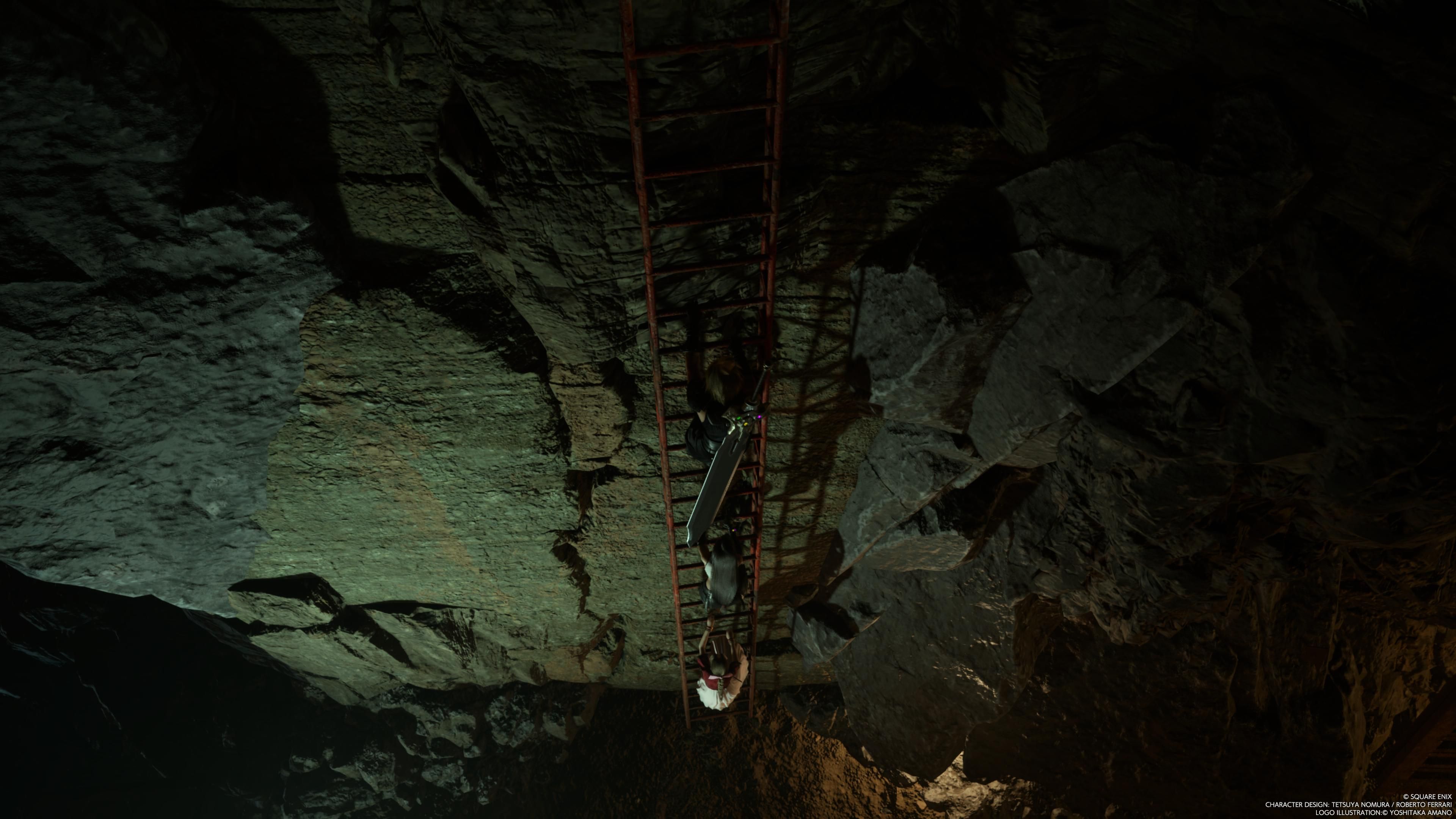 Mythril Mine image of Cloud, Aerith, and Tifa ascending a ladder in FF7 Rebirth