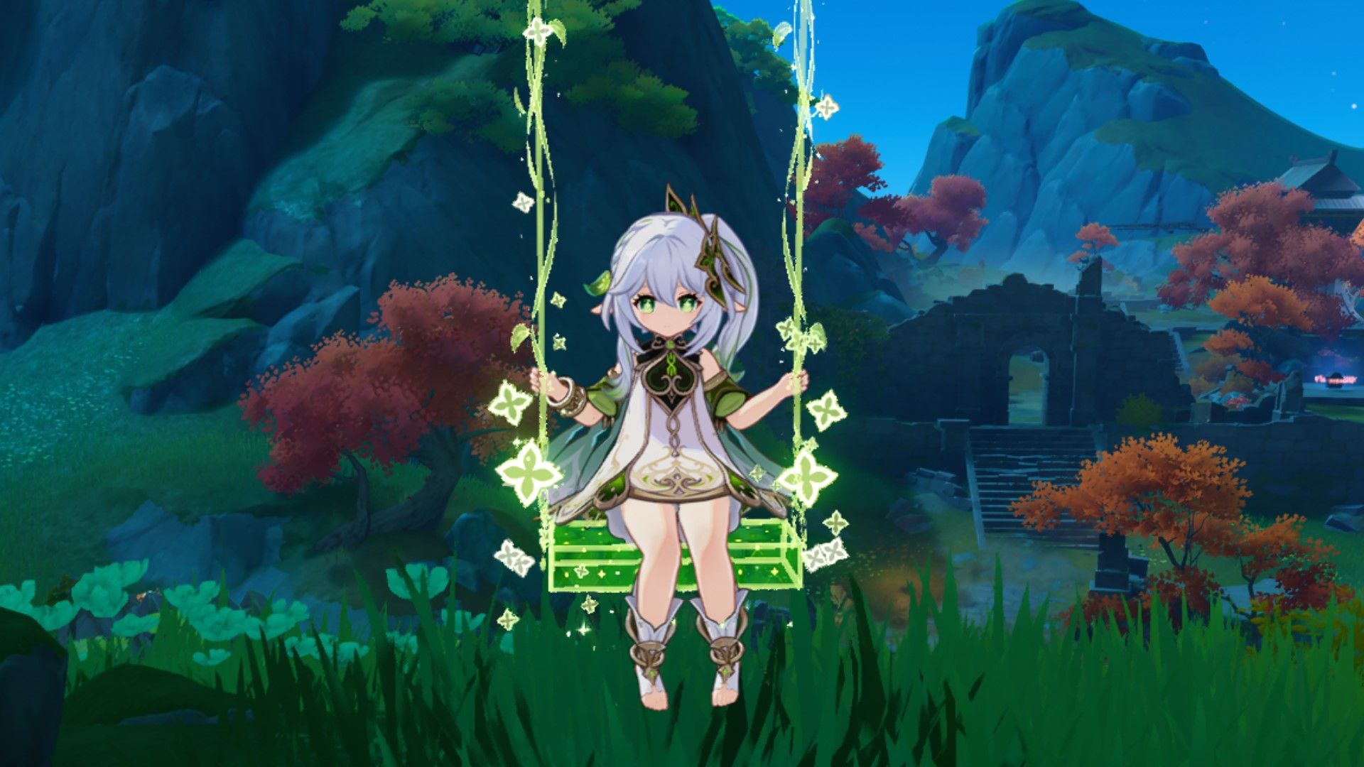 Genshin Impact's Nahida sits on a glowing green swing.