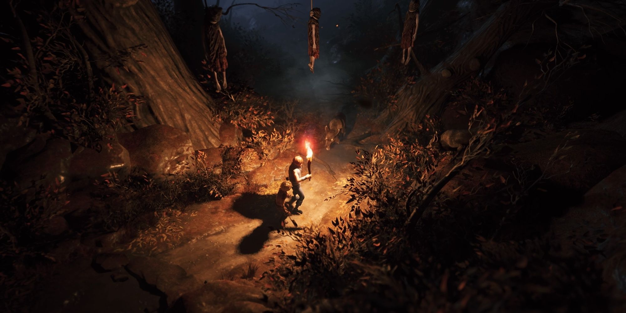 Naia and Naiee face down a wolf in a dark forest in Brothers A Tale of Two Sons Remake
