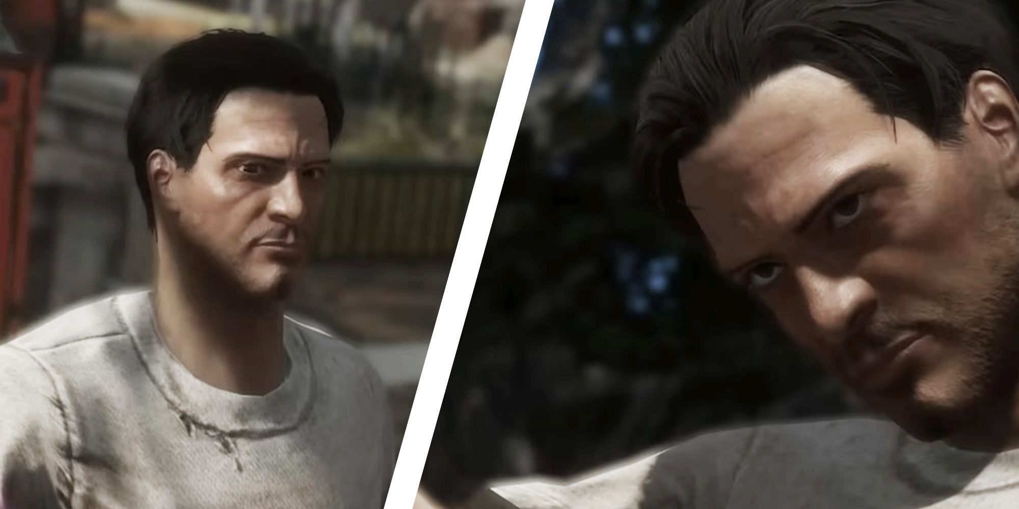 Neil Newbon character in Fallout London mod, left shows him from chest up, right image shows his head tillted as he looks past the camera