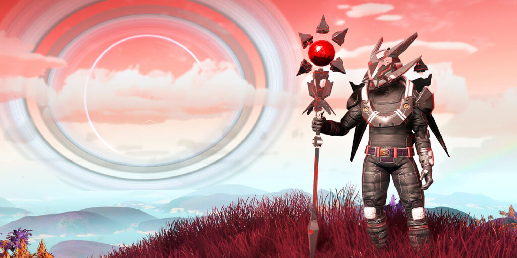 No Mans Sky Atlas Headshield and Staff key art, man standing on red grass with a planet in the background