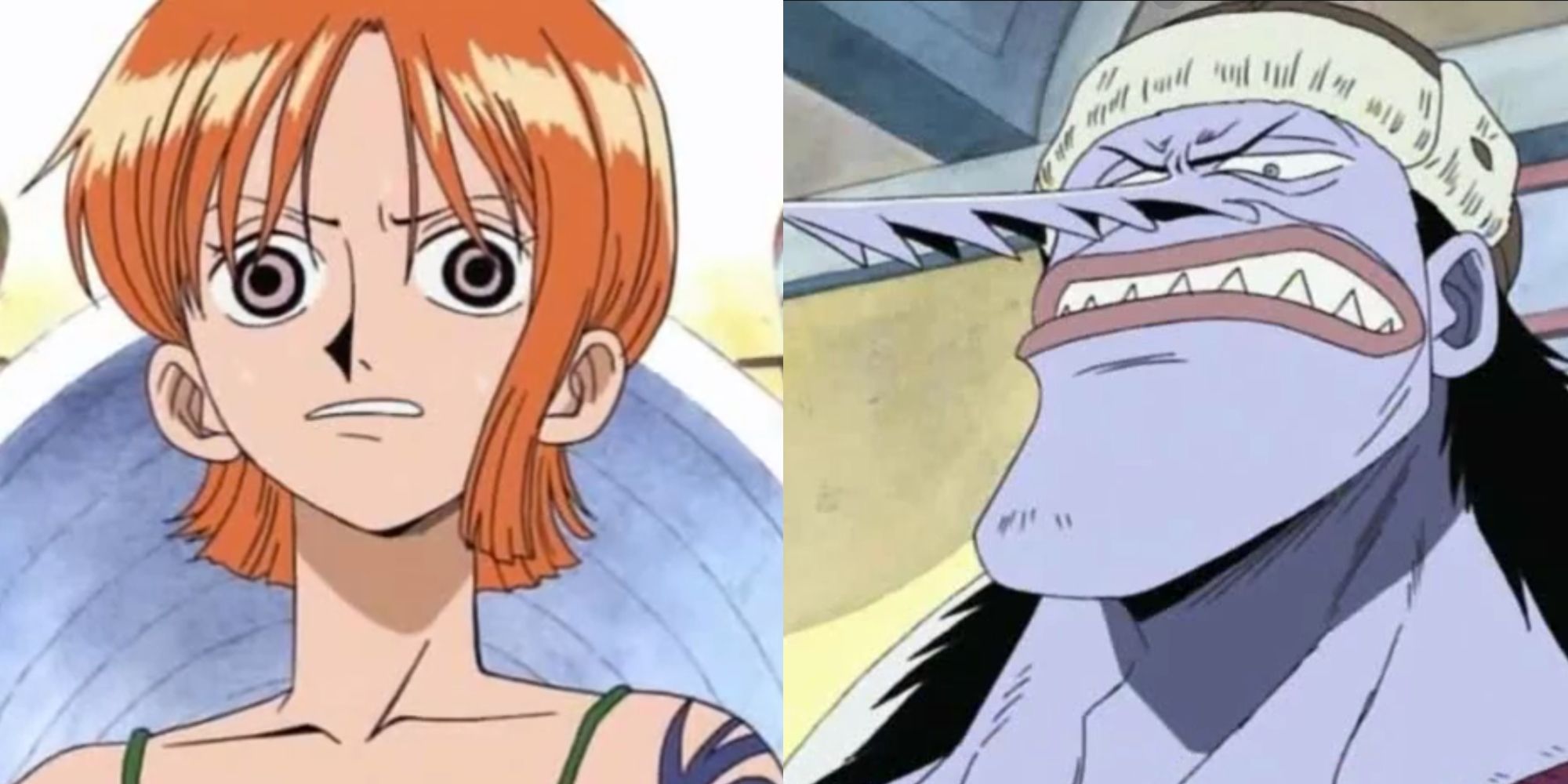 One Piece Nami Looking Terrified and Arlong Looking Mad