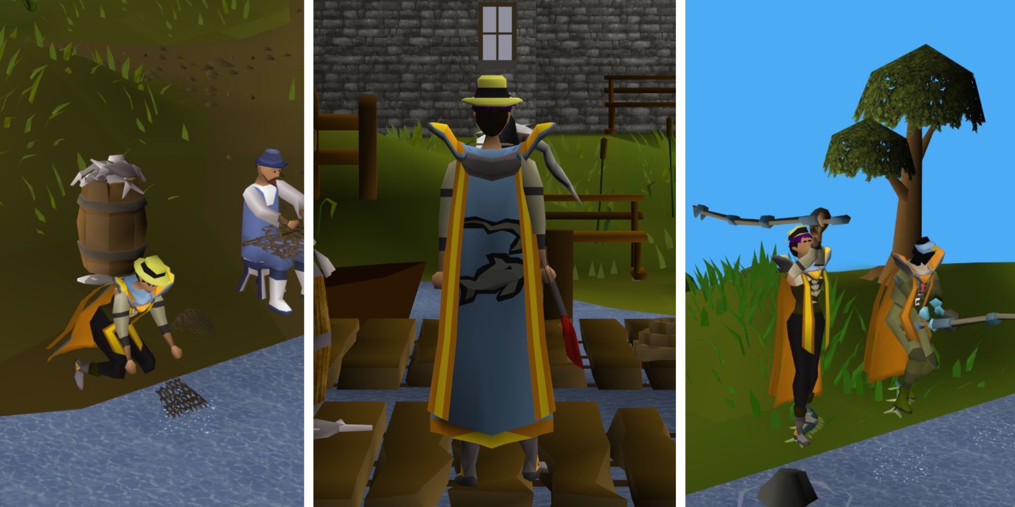 Osrs - A player fishing for shrimp, a player showing off the Fishing skillcape, and a player doing Barbarian fishing.