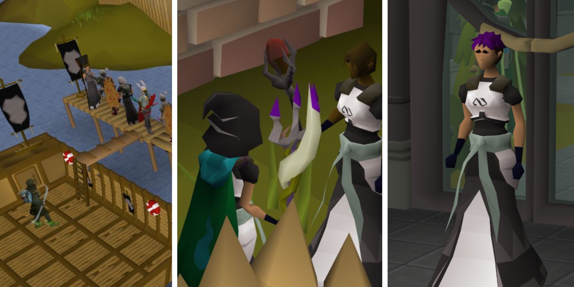 Osrs players standing by to start Pest Control, a player talking to an Elite Void Knight, and a player wearing Elite Void Knight armour