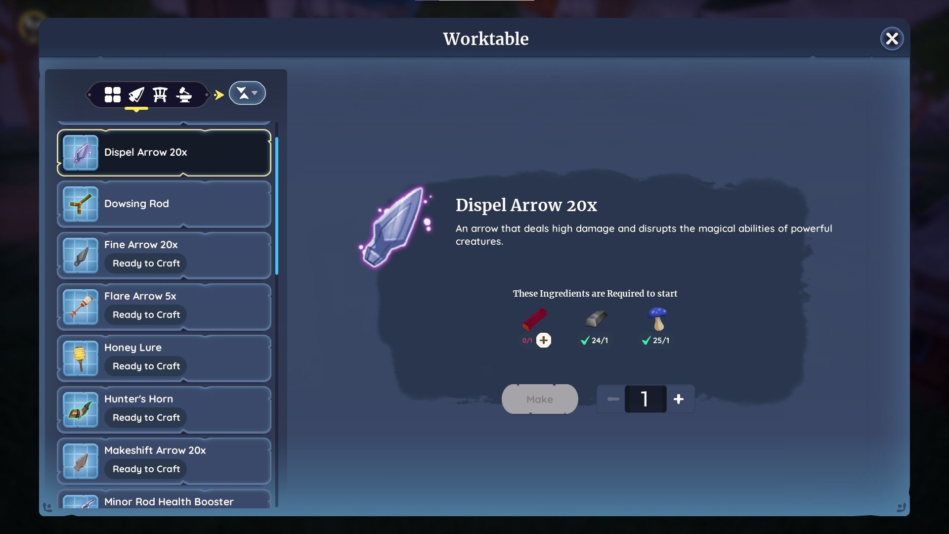 Palia crafting worktable with the recipe for a dispel arrow shown. There is a necessary ingredient that shows as missing, with a plus symbol next to it. This is part of the Player Request System.