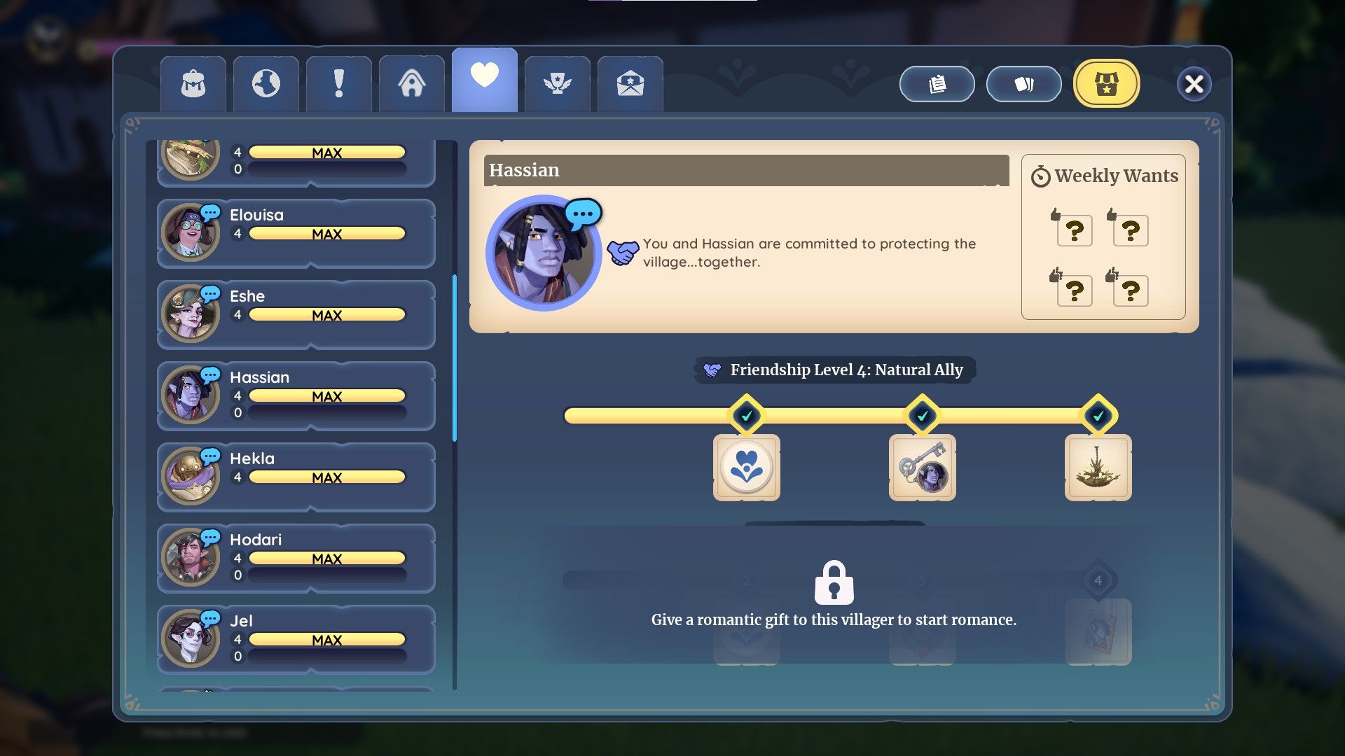 Palia relationship menu showing character Hassian at maximum Friendship level.