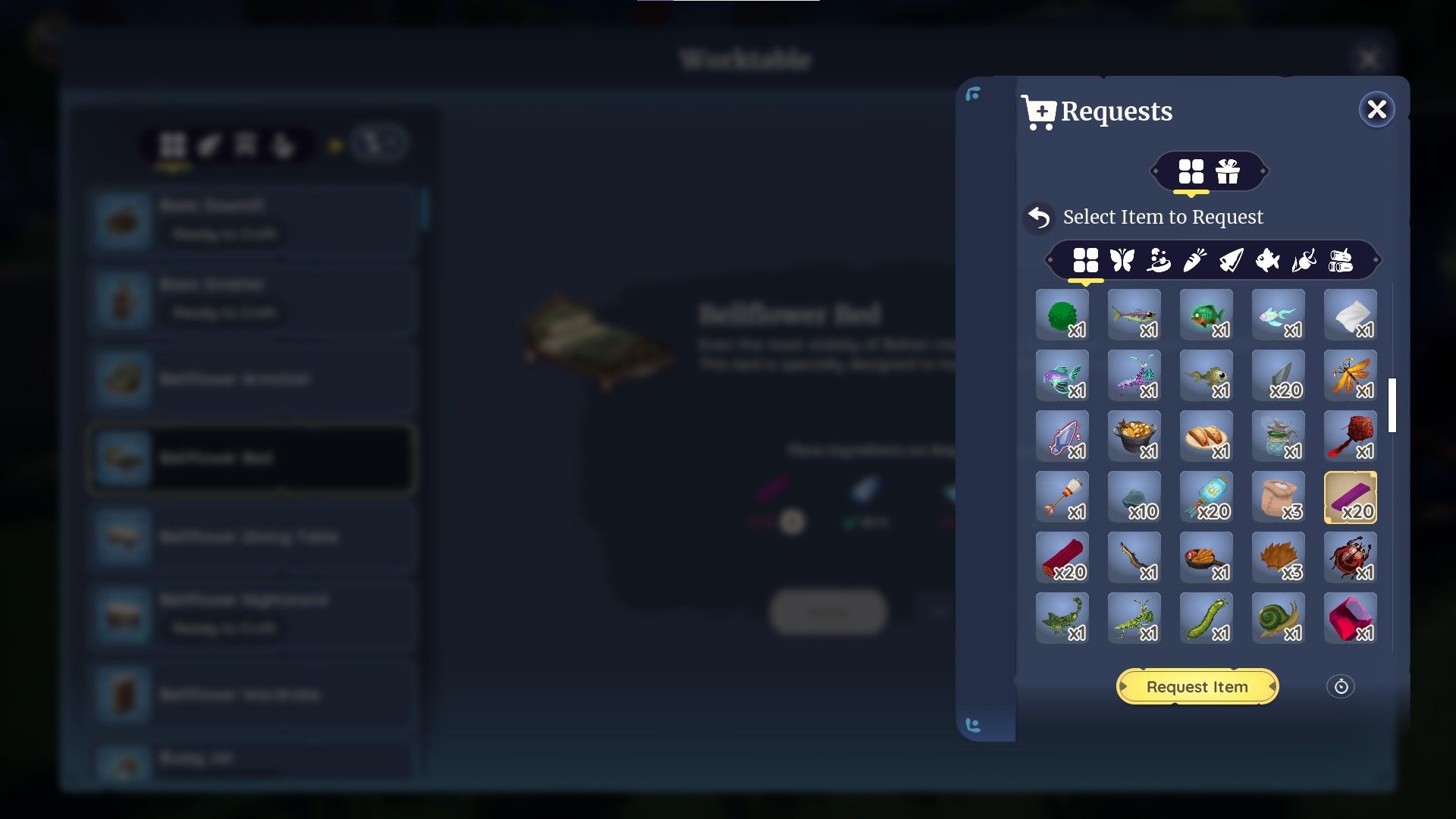 Palia crafting worktable interface shown, with the request screen on the right side of the image.