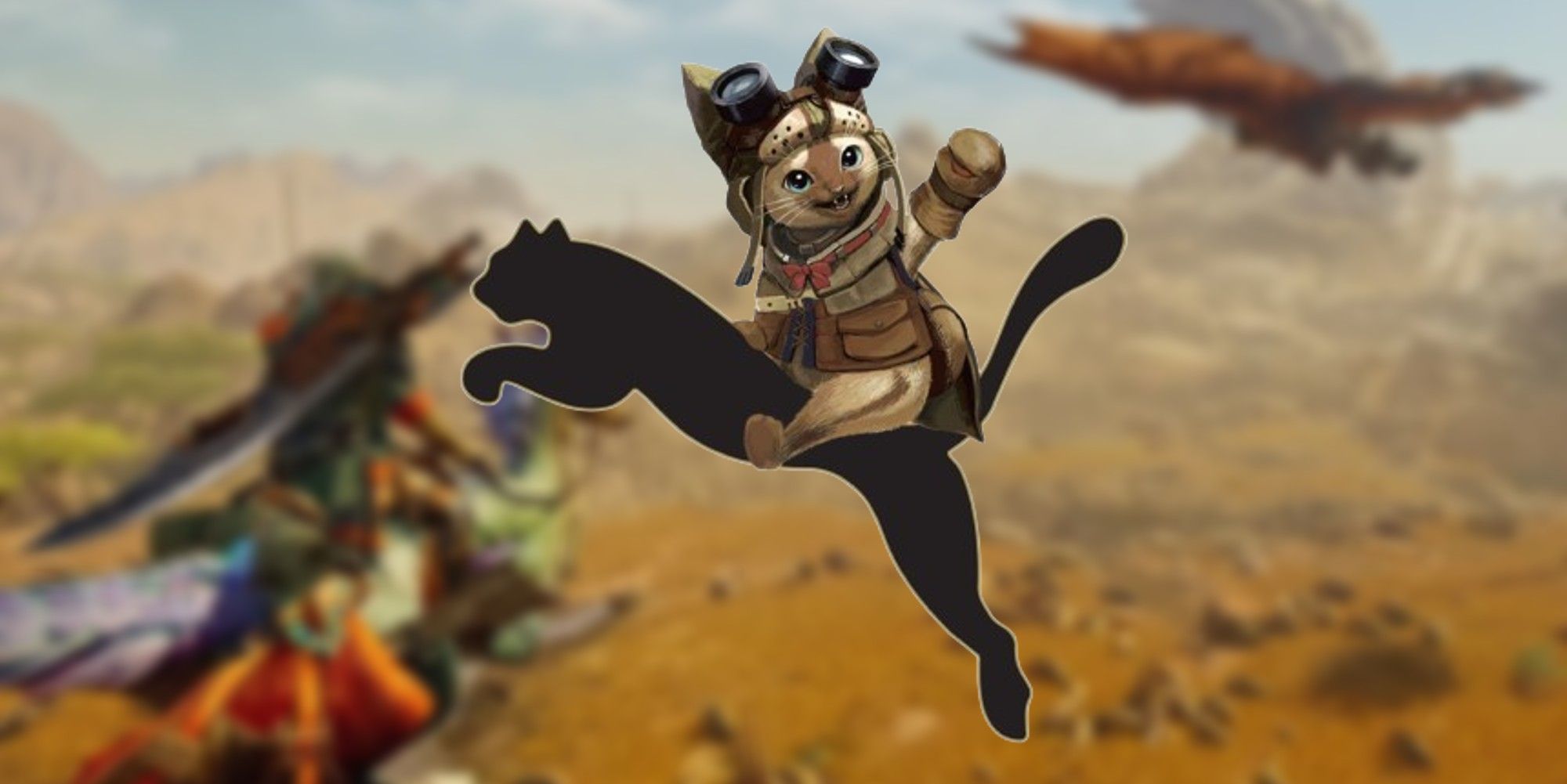 palico riding the puma logo on a monster hunter wilds background